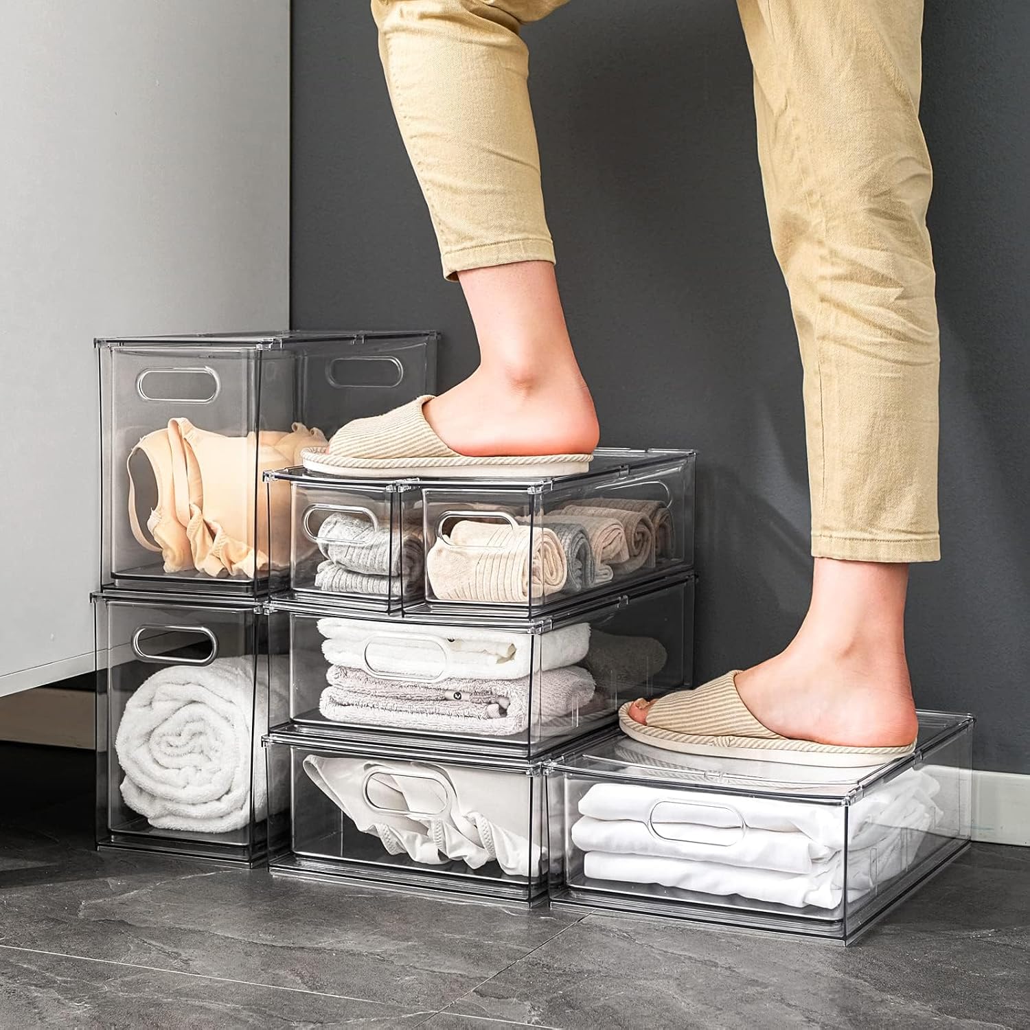 Mano Stackable Fridge Drawers Pull Out Bins with Handle Clear Refrigerator Drawers Organizer Food Storage Container Box with Dividers Plastic Produce Saver for Pantry, Cabinet, Kitchen, Clothes（7Pack）
