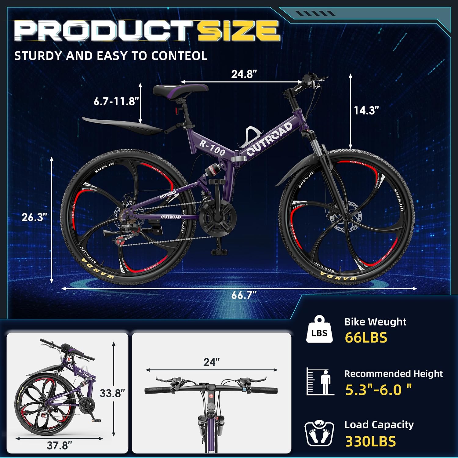 26 Inch Folding Mountain Bike with High Carbon Steel, 21 Speed City Bike with Dual Suspension, Folding Bicycle for Adults Men and Women