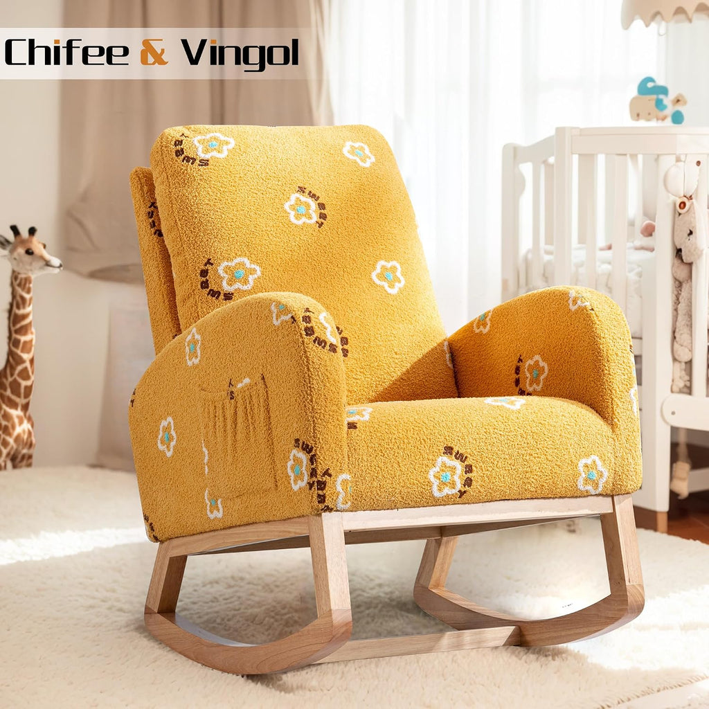 Chifee & Vingol Rocking Chair Nursery Boucle Sherpa Nursing Glider Rocker Chair, Teddy Yellow
