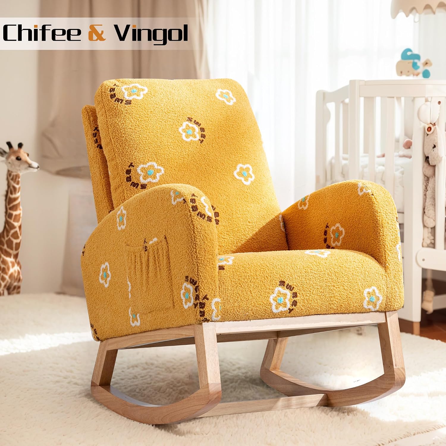 Chifee & Vingol Rocking Chair Nursery Boucle Sherpa Nursing Glider Rocker Chair, Teddy Yellow