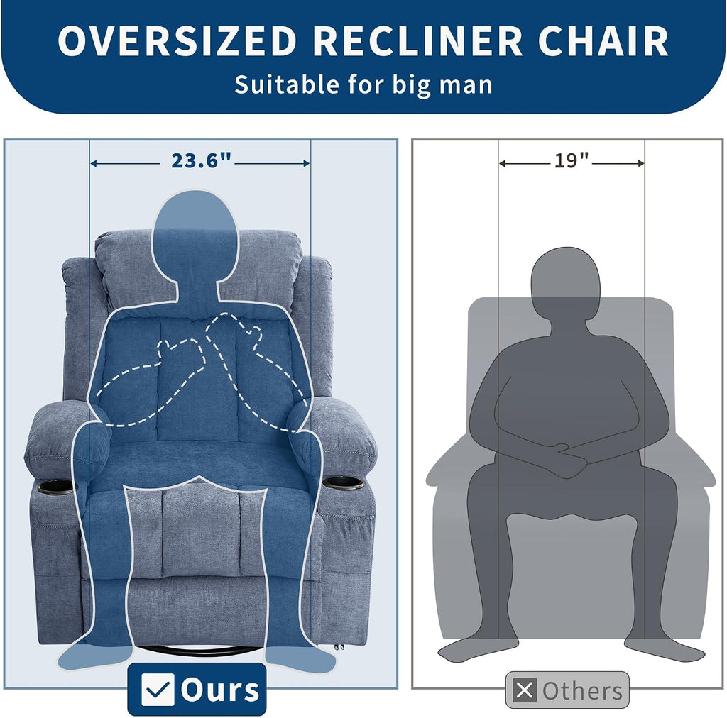 Oversized Swivel Rocker Recliner Chair with Heat & Massage, 3-Position Adjustable Nursery Recliner for Adults, Dual Cup Holders, Side Pockets, USB Charging Ports Blue