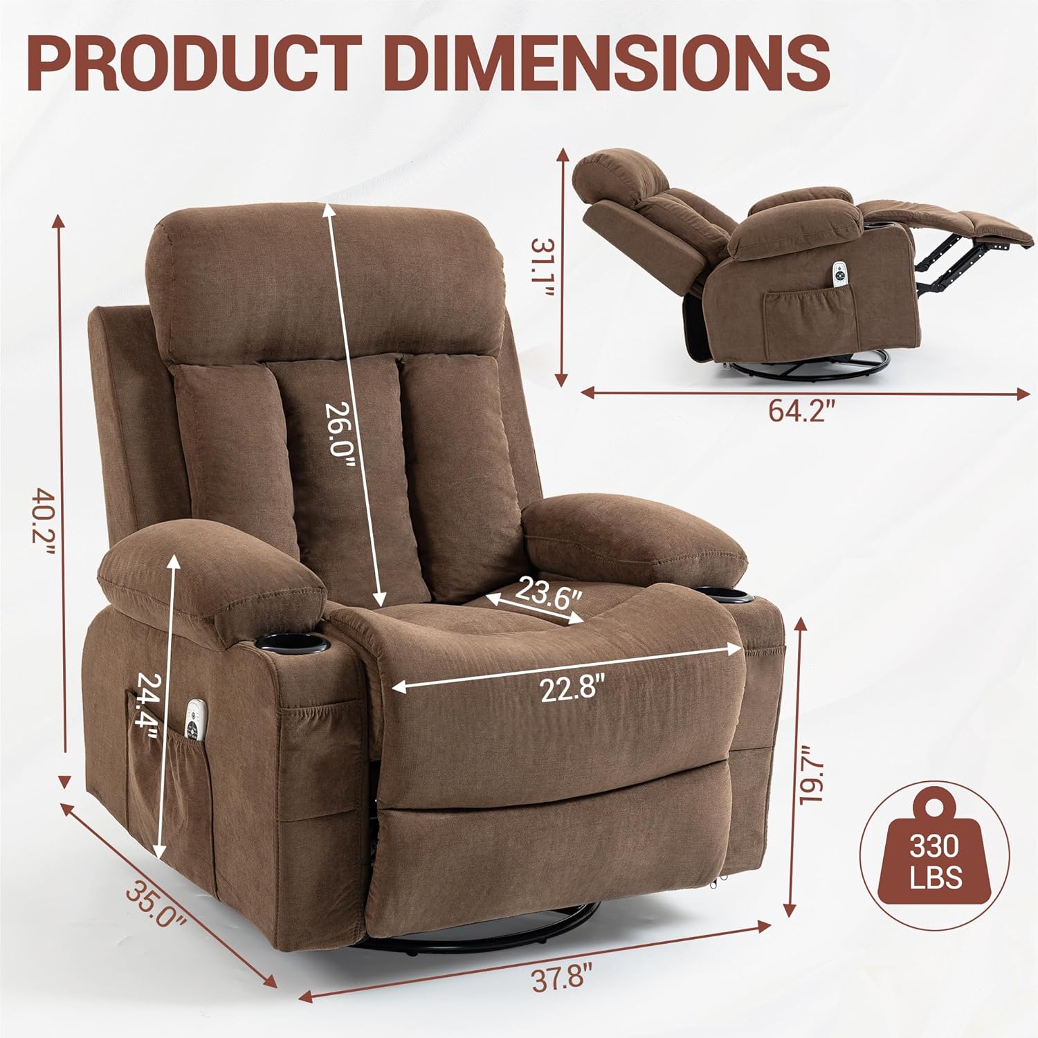 Swivel Recliner Chair for Adults w/Vibration Massage and Heating, 360° Rocker Glider Recliner w/Cup Holder and USB Charge Port for Living Room, Bedroom, Brown