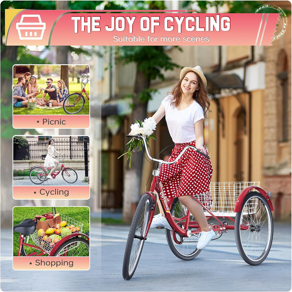 Outroad Adult Tricycle, 24/26 inch 1 Speed Cruiser Trike, 3 Wheel Bikes with Large Basket for Seniors, Women, Men, Adult Trikes for Shopping Picnic Outdoor Sports,Red Blue