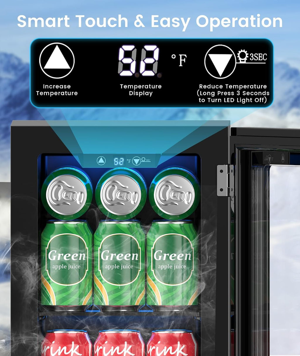 Kismile 18L Beverage Refrigerator Cooler, 24Can Mini Fridge with Glass Door, Quiet Compressor, Countertop Small Fridge with 40-61℉ Digital Electronic Temperature Control, LED Lgiht for Home and Bar
