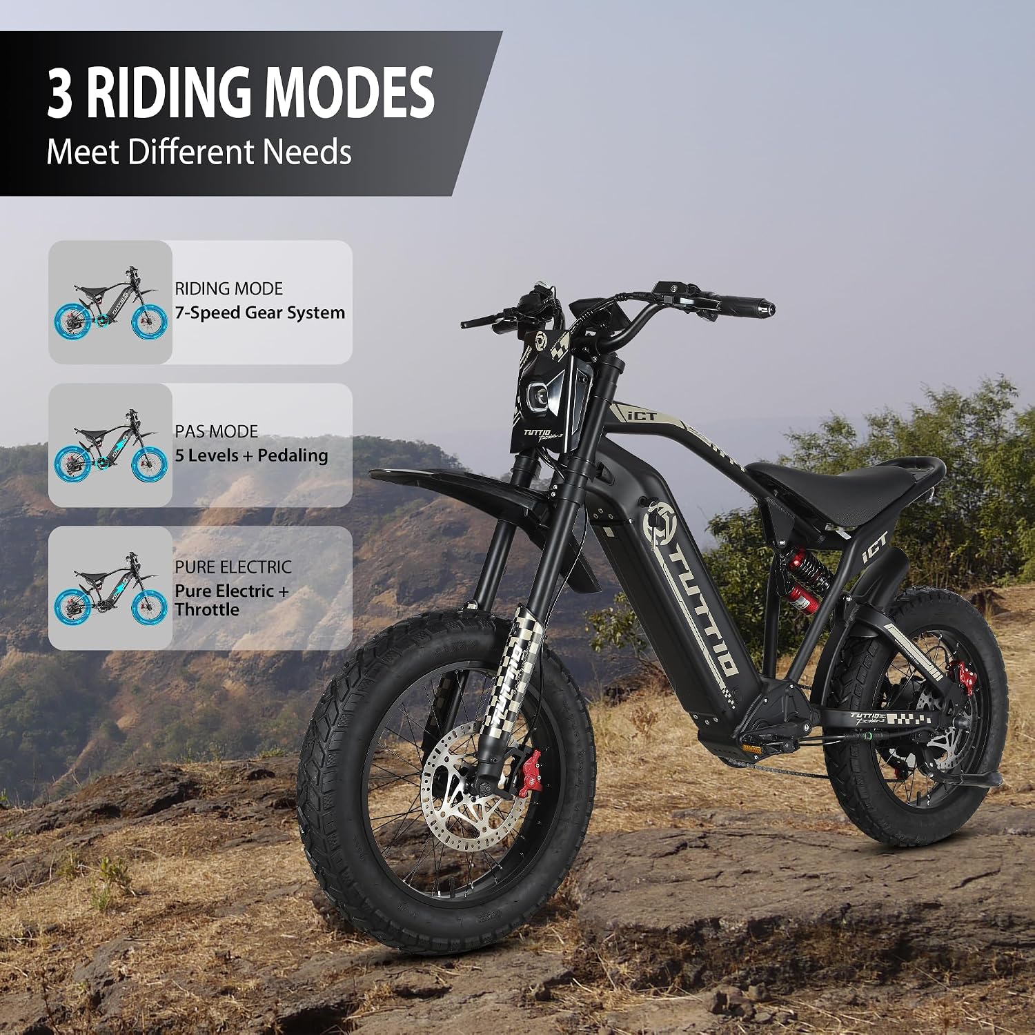 Tuttio ICT Electric Bike for Adults Teens Age 16+, 4000 Peak 50MPH 60V 25AH Electric-Dirt-Bike, 20' Fat Tire Electric Motorcycle, Full Suspension E-Bike for Mountain Off-Road Snow