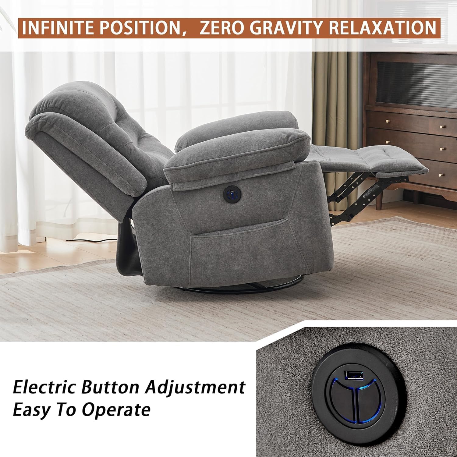 Ketaiyou Power Swivel Rocker Recliner with Massage and Heat, USB Port, Infinite Position, Oversized Electric Glider Rocking Chairs Living Room, Soft Fabric Reclining Sofa Chair(Misty Gray)