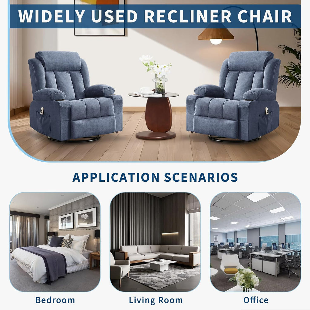 Oversized Swivel Rocker Recliner Chair with Heat & Massage, 3-Position Adjustable Nursery Recliner for Adults, Dual Cup Holders, Side Pockets, USB Charging Ports Blue