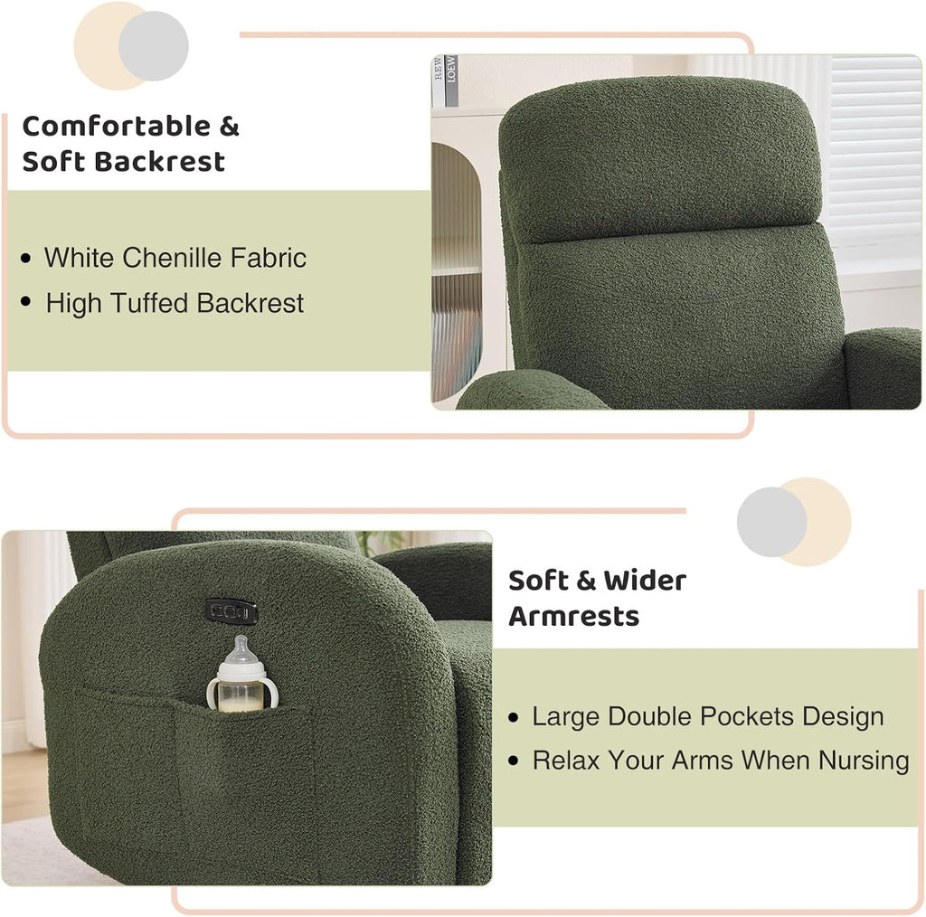 Power Nursery Glider Recliner, Boucle Swivel Rock Recliner with USB & Type-C, Nursery Rocking Chair Recliner with Double Pockets and Lumbar Support for Adult, Teddy Green