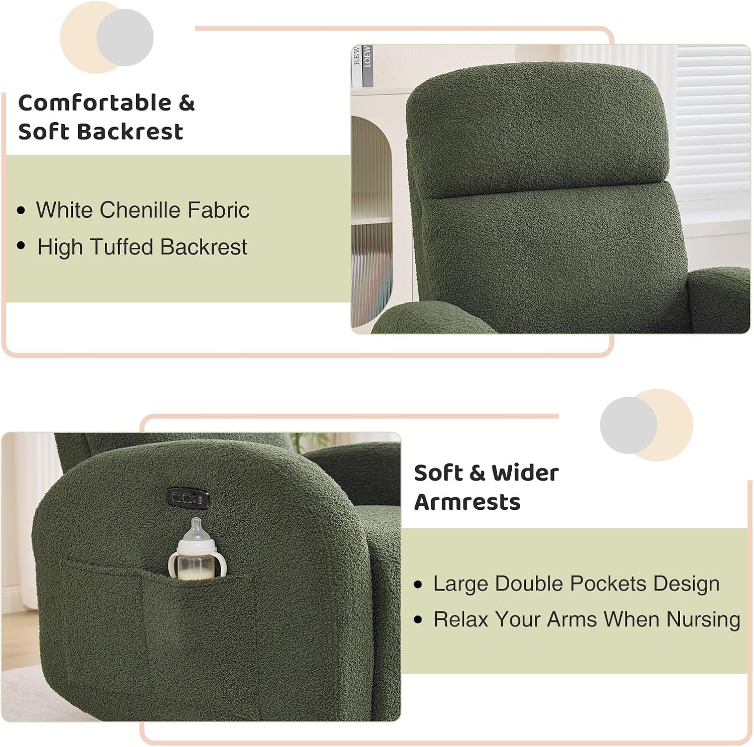 Power Nursery Glider Recliner, Boucle Swivel Rock Recliner with USB & Type-C, Nursery Rocking Chair Recliner with Double Pockets and Lumbar Support for Adult, Teddy Green