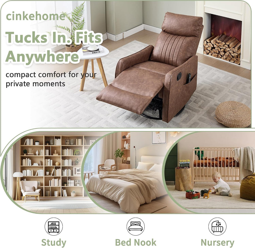 cinkehome Swivel Rocker Recliner, Glider Rocker Recliner Chair for Nursery, Manual Reclining Chair with Heated Massage, Small Spaces, Living Room, Faux Leather Light Brown