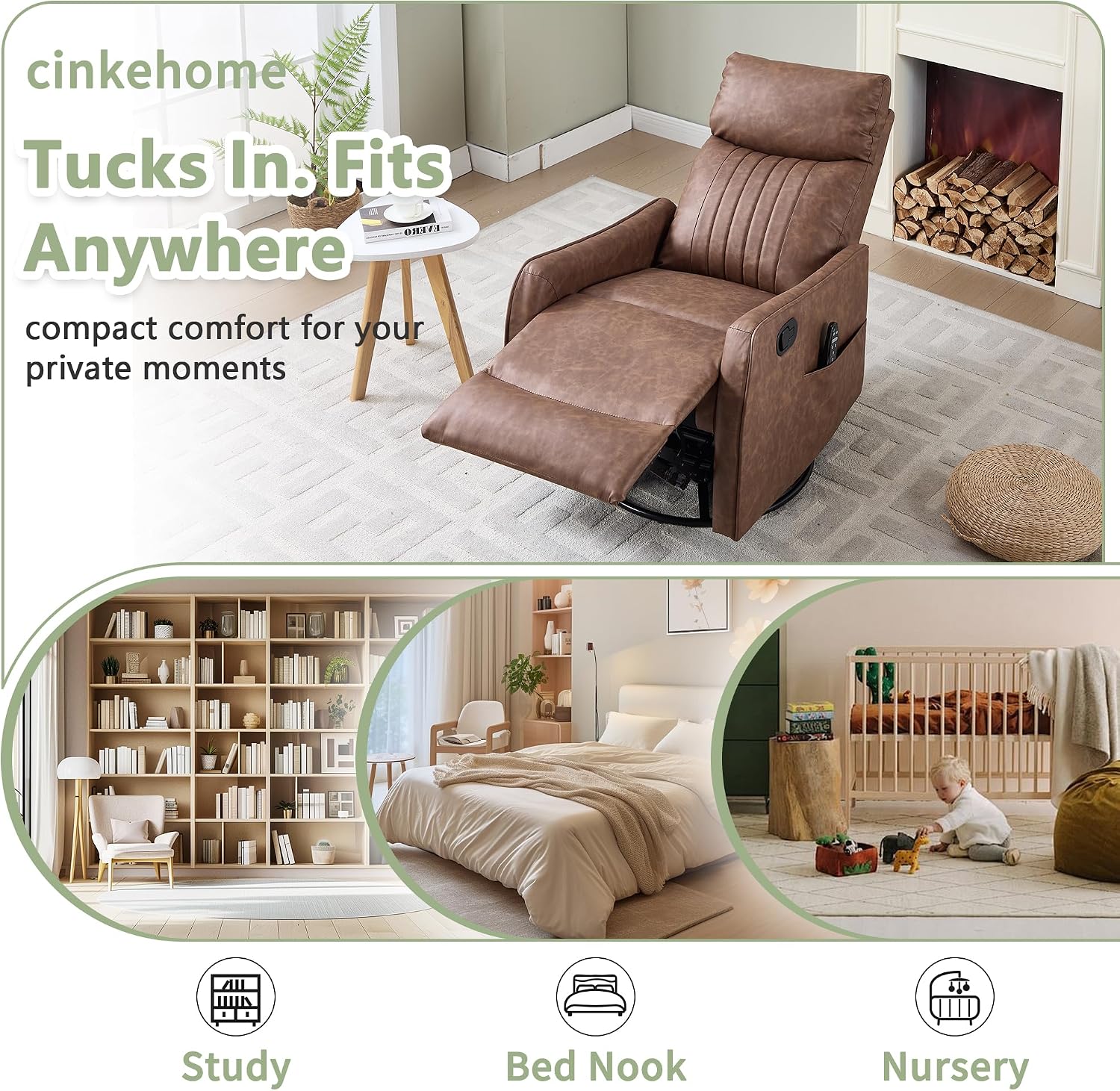 cinkehome Swivel Rocker Recliner, Glider Rocker Recliner Chair for Nursery, Manual Reclining Chair with Heated Massage, Small Spaces, Living Room, Faux Leather Light Brown