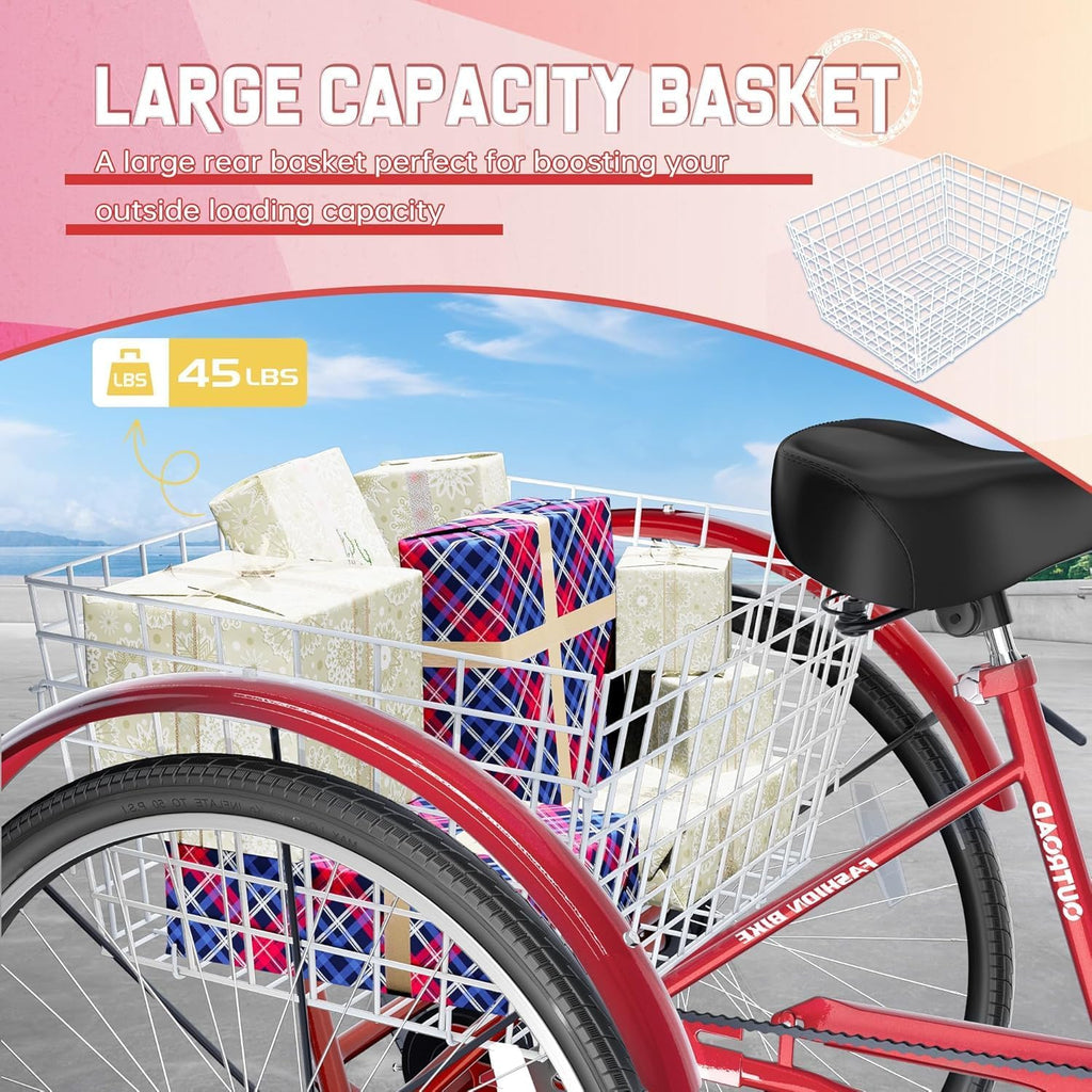 1 Speed Adult Tricycle, 24/26 inch Cruiser Trike with Large Basket for Women Men Seniors, 3 Wheel Bike for Outdoor, Shopping, Recreation, Picnic (Red/Blue/Purple)