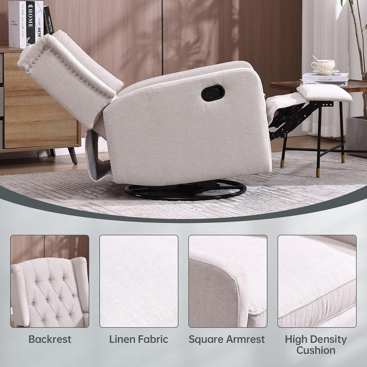 HRVEOCEI Glider Recliner Nursery Chair, Cozy Linen Rocking Chair Nursery Recliner with Adjustable Button Backrest and Footrest, Swivel Recliner Chair for Living Room, Bedroom, Office (Beige)