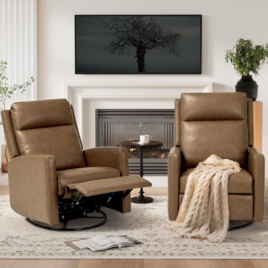 COLAMY Leather Recliner Chair for Adults, Swivel Rocker Recliner for Small Spaces, Wide Glider Rocking Nursery Chair with Ergonomic High Backrest, for Home Living Room, Office, Bedroom（ Brown）
