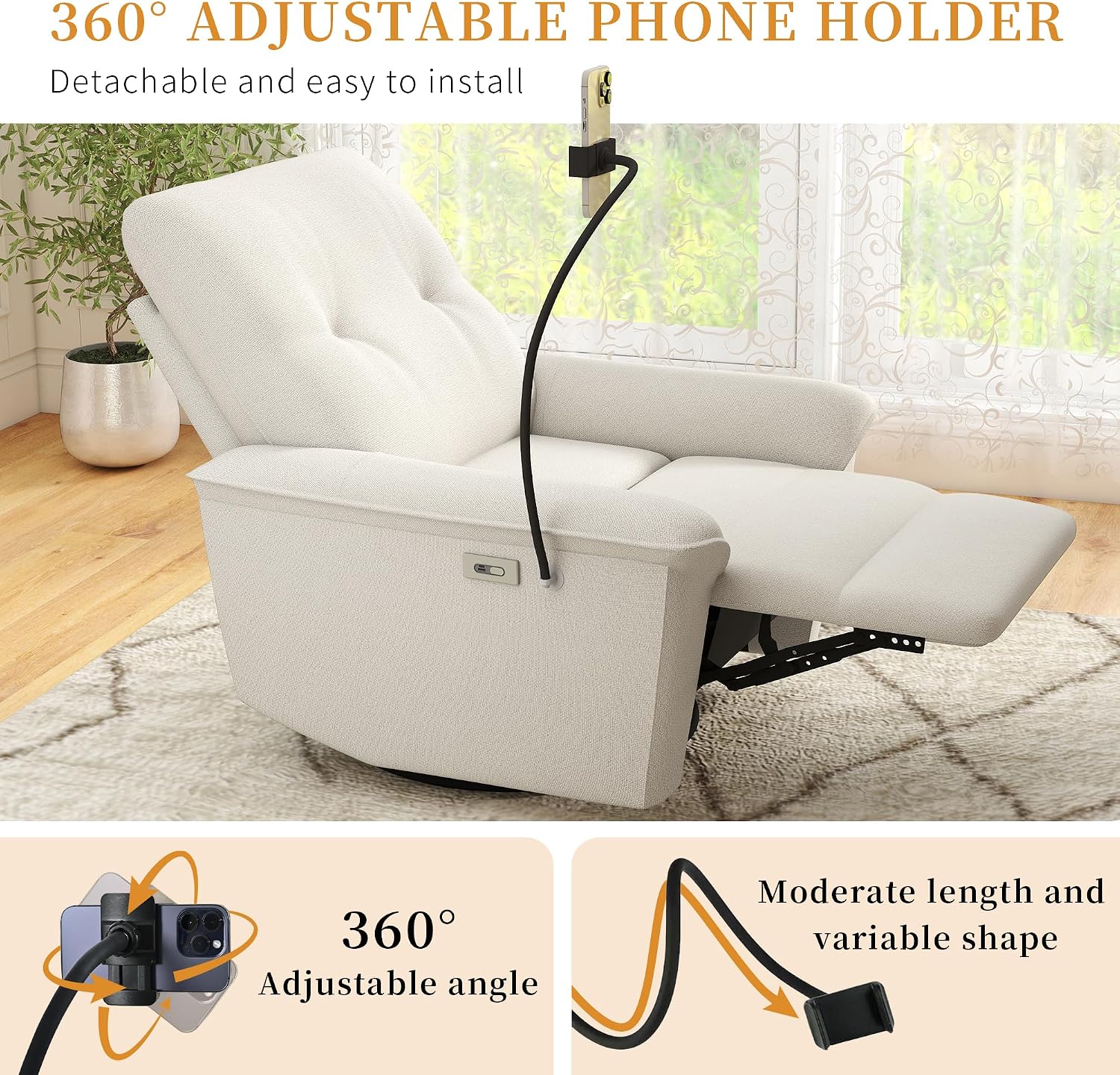 Power Swivel Rocker Recliner Chair for Nursery, Upholstered Glider Rocking Chair with Phone Holder,USB Ports, Small Recliners for Small Spaces Living Room, Bedroom