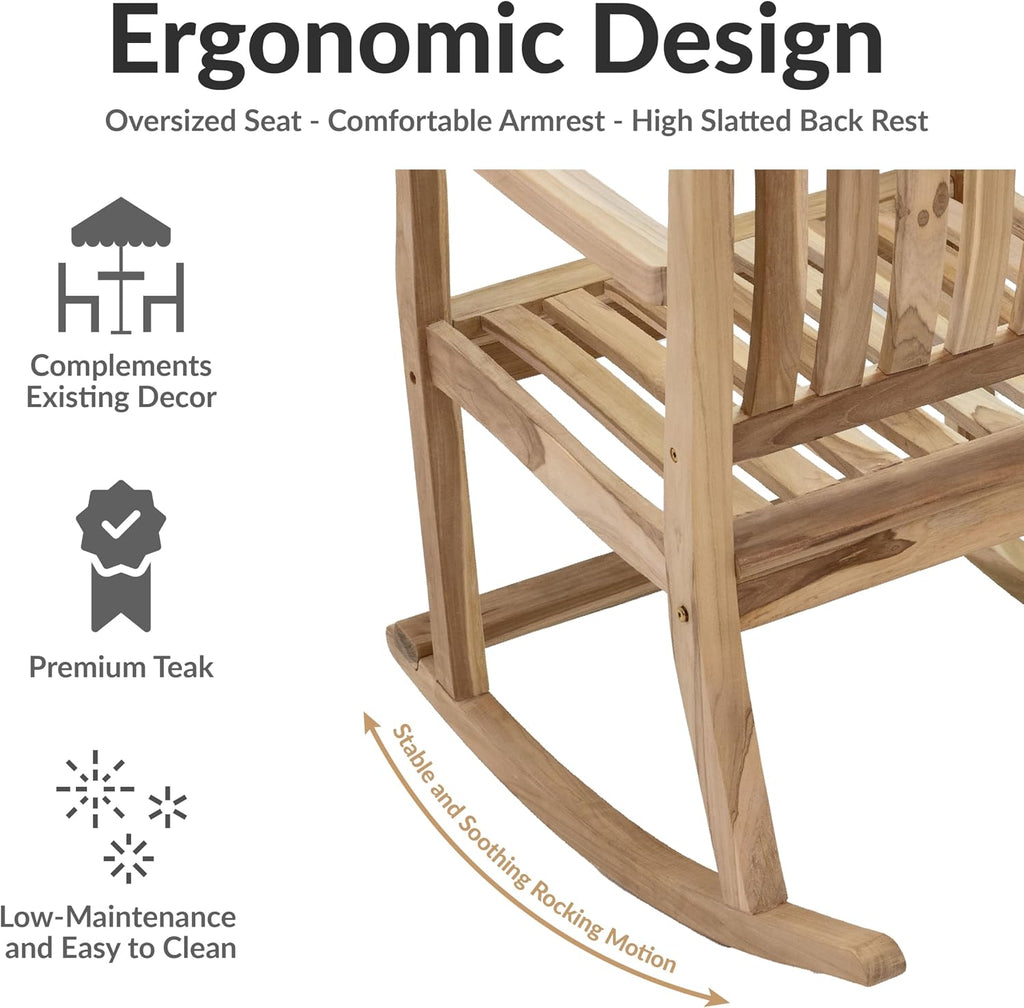 Sunnydaze Teak Outdoor Rocking Chair with Slatted Back - Wooden Front Porch Chair for Patio - Outside Porch Rocker - 325 lb Support