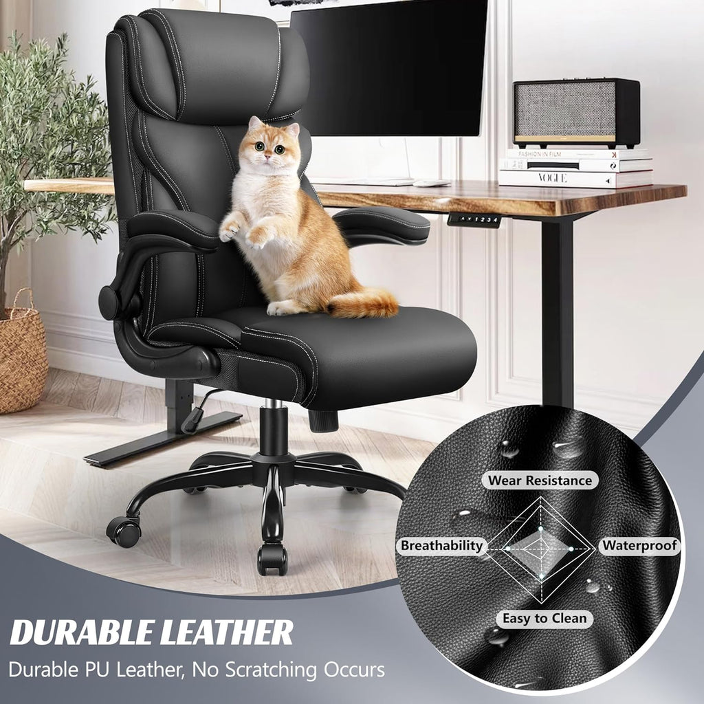 HeroSet Office Chair, Ergonomic Big and Tall Computer Desk Chairs, Executive Breathable Leather Chair with Adjustable Flip-up Armrests, Lumbar Support Swivel PC Chair with Rocking Function