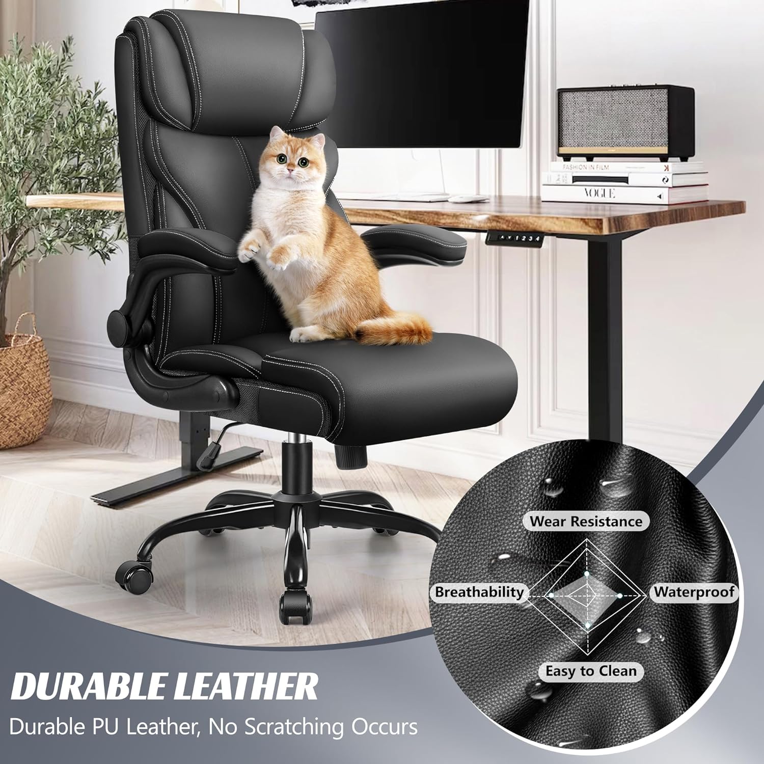 HeroSet Office Chair, Ergonomic Big and Tall Computer Desk Chairs, Executive Breathable Leather Chair with Adjustable Flip-up Armrests, Lumbar Support Swivel PC Chair with Rocking Function