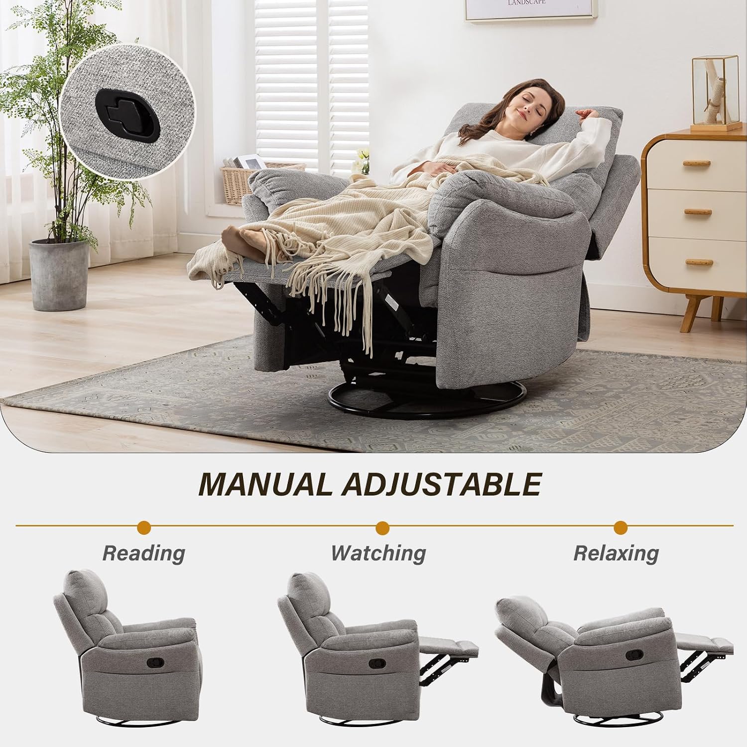 ANJ Swivel Rocker Recliner Nursery Chair, Manual Glider Rocking Recliner Chairs for Adults, Rocking Chair Nursery ReclinerS, 360° Swivel Lazy Boy Recliner Chairs for Living Room, rv, Silver Grey