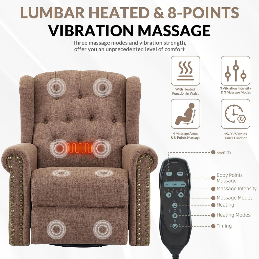Power Swivel Rocking Glider Recliner Chair with Massage and Heat, Electric Nursery Glider Rocker for Living Room, Wingback Tufted Upholstered Recliner Chair with Type-C & USB Ports, Brown