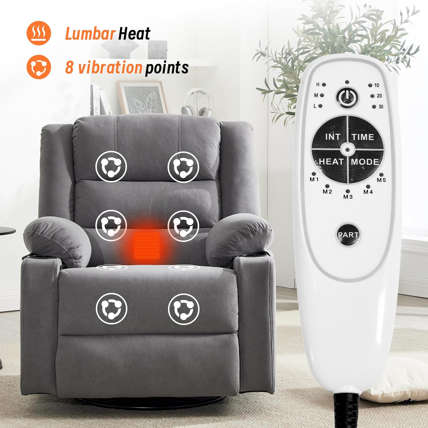 360°Swivel Rocker Recliner Chair for Adults,Manual Glider Recliner Sofa with Massage and Heating, Nursery Rocking Chairs with Cup Holds for Living Room Bedroom (Grey)