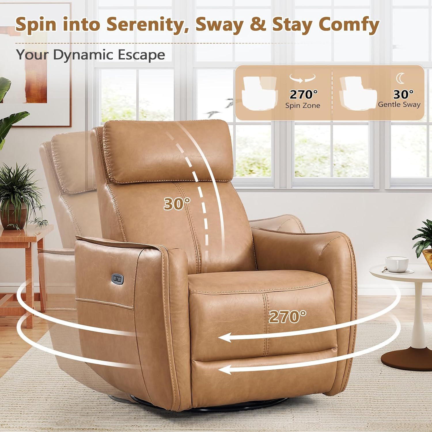 ANJ Power Recliner Chair with USB Port, 150° Reclining Swivel Glider, Faux Leather, Cognac Brown, 350 lbs Capacity