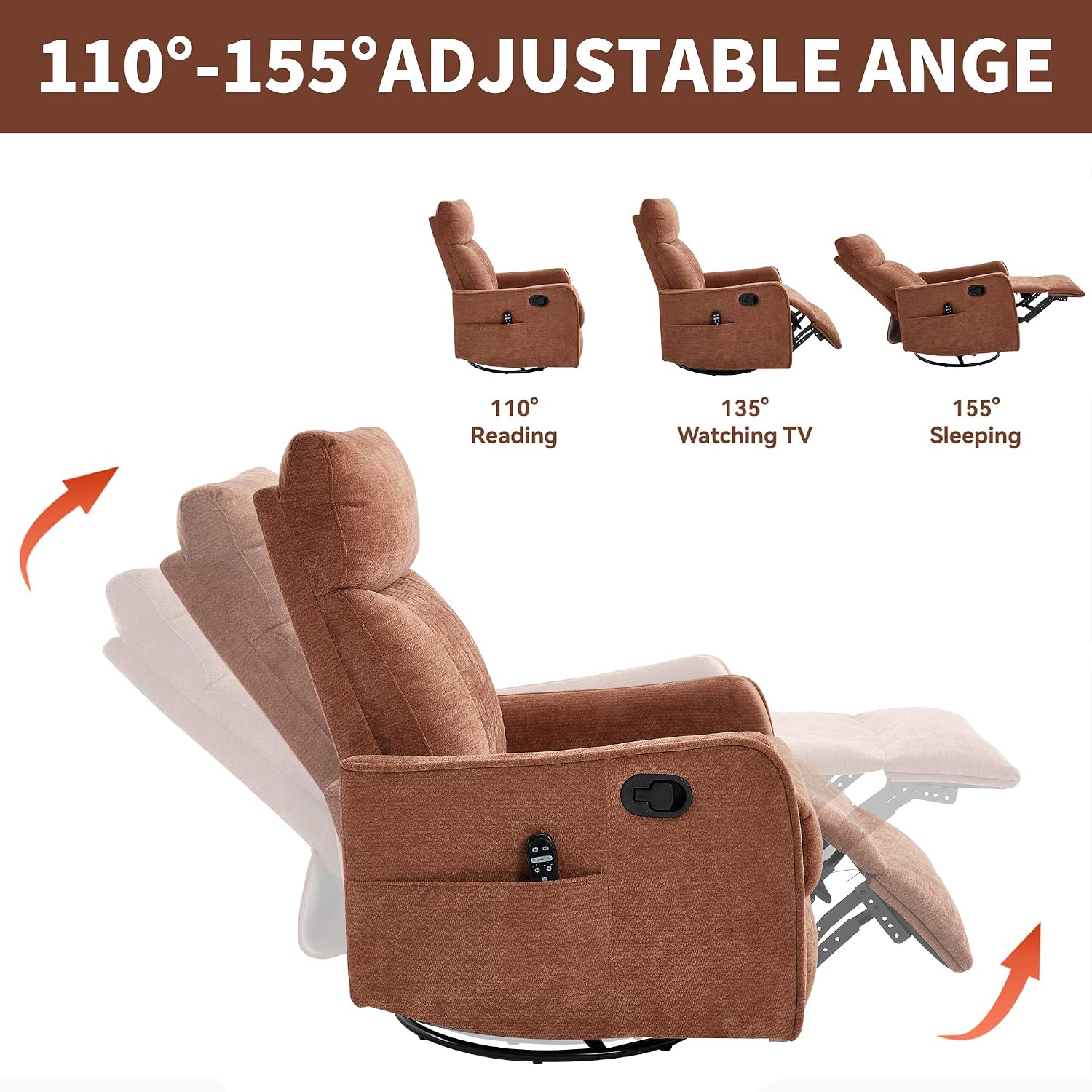 Manual Swivel Rocker Recliner Chair for Adults, Overstuffed Reclining Glider Chair for Nursing with Vibration Massage & Heat, Living Room Rocking Recliner 2-Stage backrest, Chenille Fabric Orange