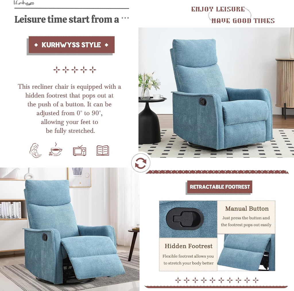 Rocking Recliner Chair with Heat and Massage, 360° Swivel Glider Rocker with Reclining Backrest and Footrest, Modern Nursery Rocking Chairs for Adults for Bedroom, Living Room, Office (Blue)