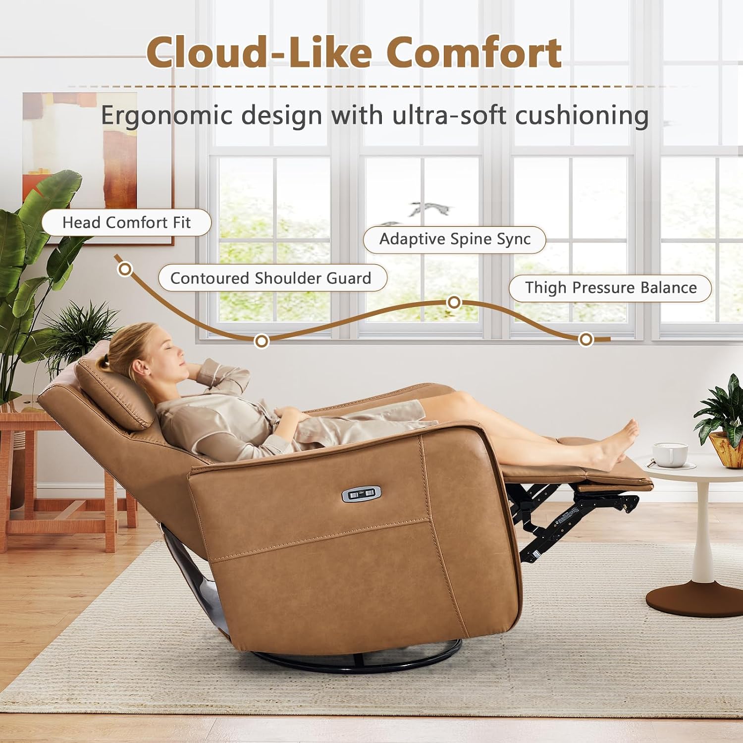 ANJ Power Recliner Chair with USB Port, 150° Reclining Swivel Glider, Faux Leather, Cognac Brown, 350 lbs Capacity