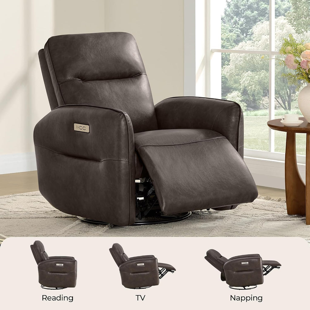 CHITA Power Recliner Chair, Faux Leather Swivel Glider for Adults, Electric Nursery Rocking Chair with USB & Type-C Charging for Living Room, Bedroom, Chocolate Brown