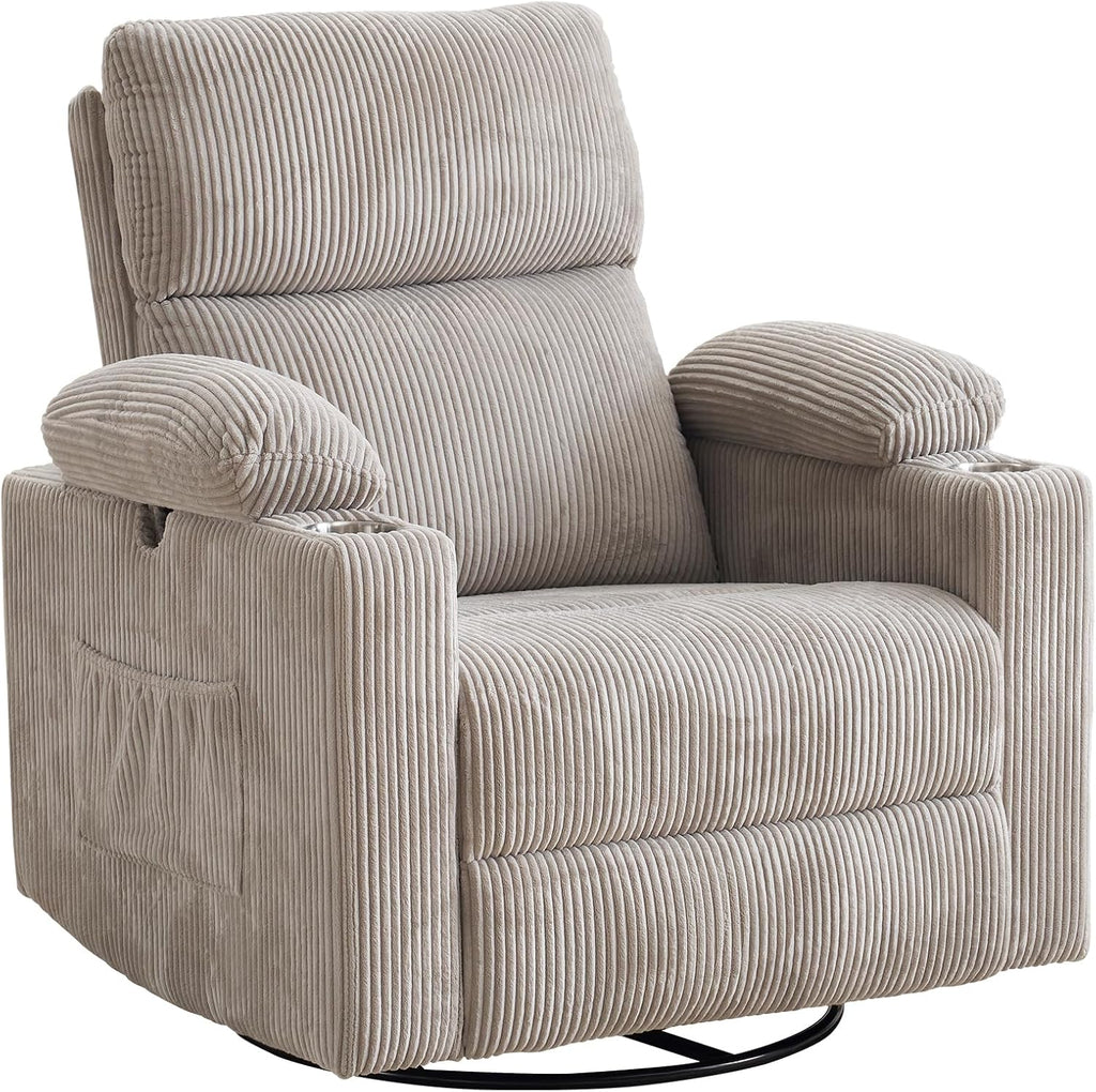 Rocking Chair Nursery with Adjustable Armrests, Electric Glider Recliner Nursing Chair for Breastfeeding, Power Swivel Recliner Chairs with Massage and Heat, Adjustable Headrest, Corduroy Grey