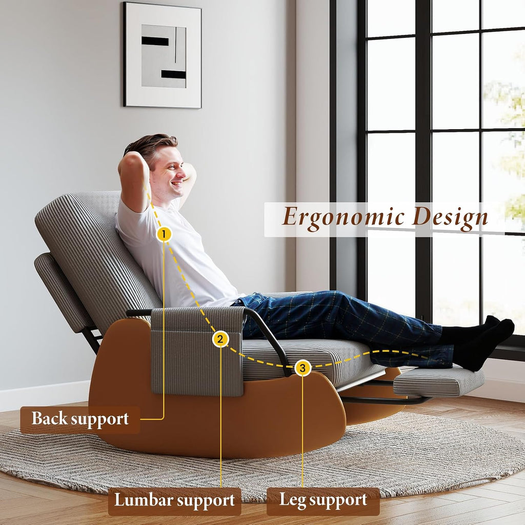 Furniliving Modern Glider Rocking Chair, Upholstered Nursery Glider Chair with Adjustable Recline & Retractable Footrest, Comfortable Lounge Chair for Mom Nursery Living Room Bedroom Grey