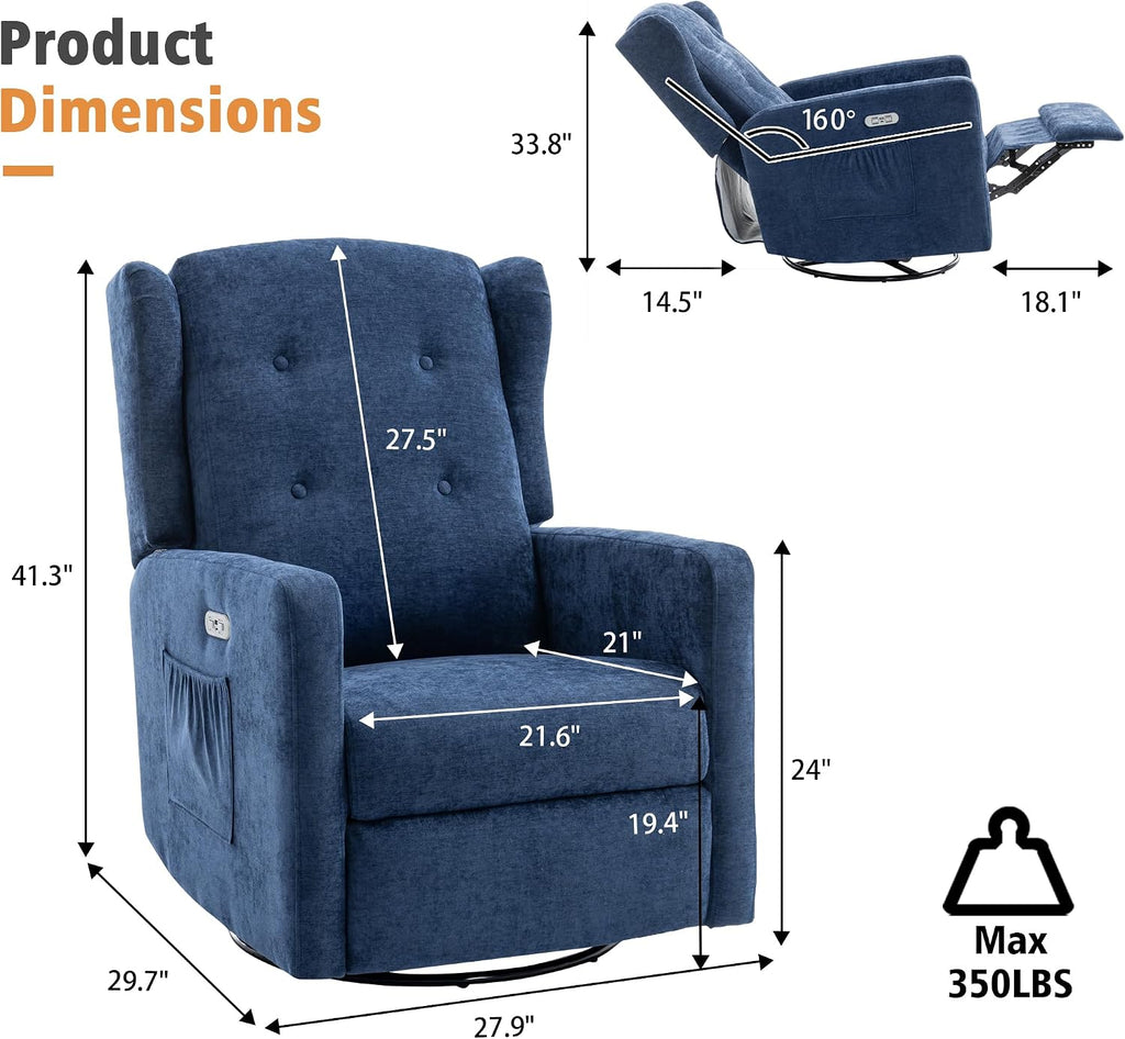 Ketaiyou Power Swivel Rocking Recliner Chair, Electric Rocker Nursery Glider Chair, USB and Type-C Ports, Upholstered Fabric Reclining Single Sofa Chair for Living Room (Blue)