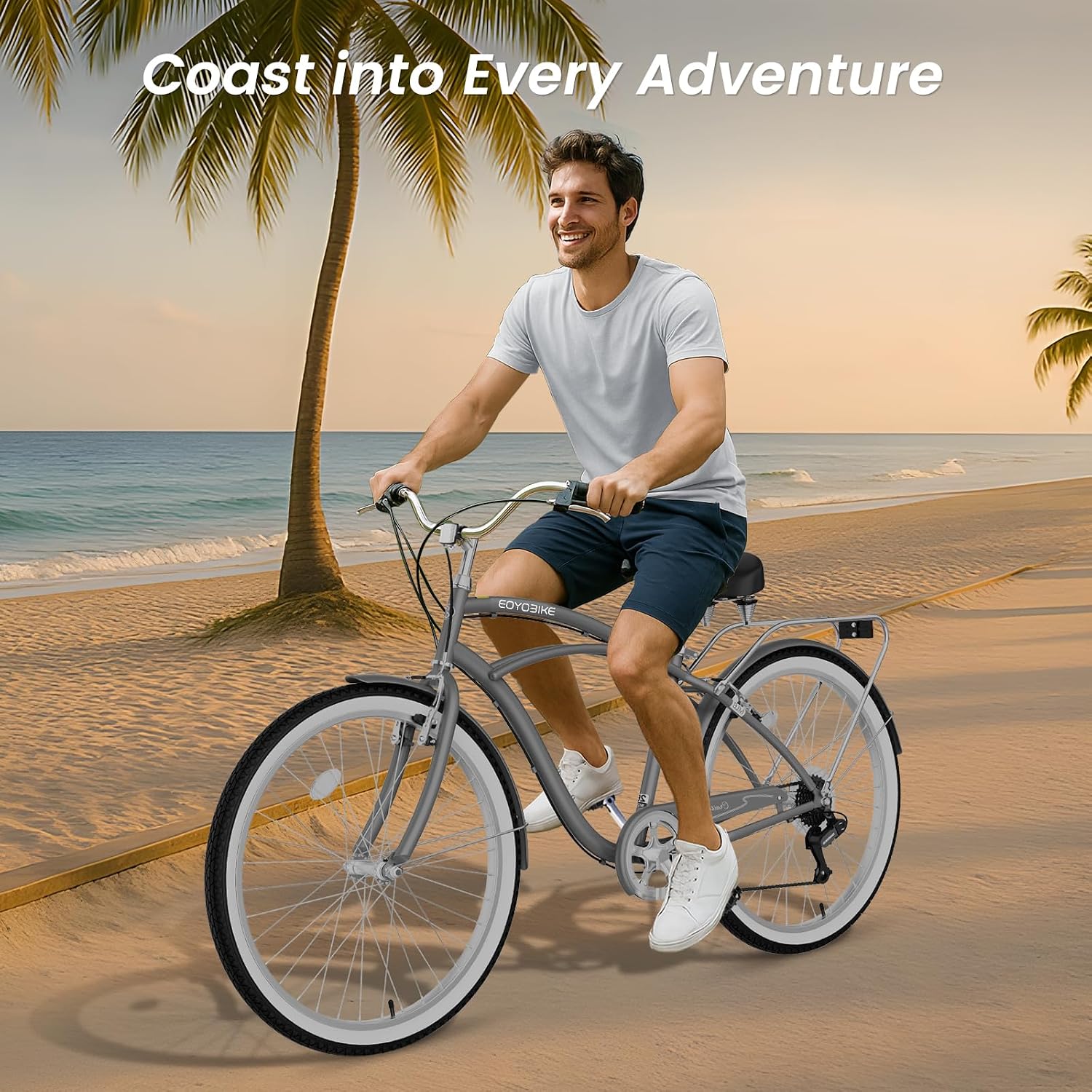 Cruiser Bike for Adults, 7-Speed Beach Cruiser Bicycle, 24/26 Inch Step-Through or High-Bar Frame, Comfort City Commuter Bike with Rear Rack, Fenders, Wide Saddle for Women & Men