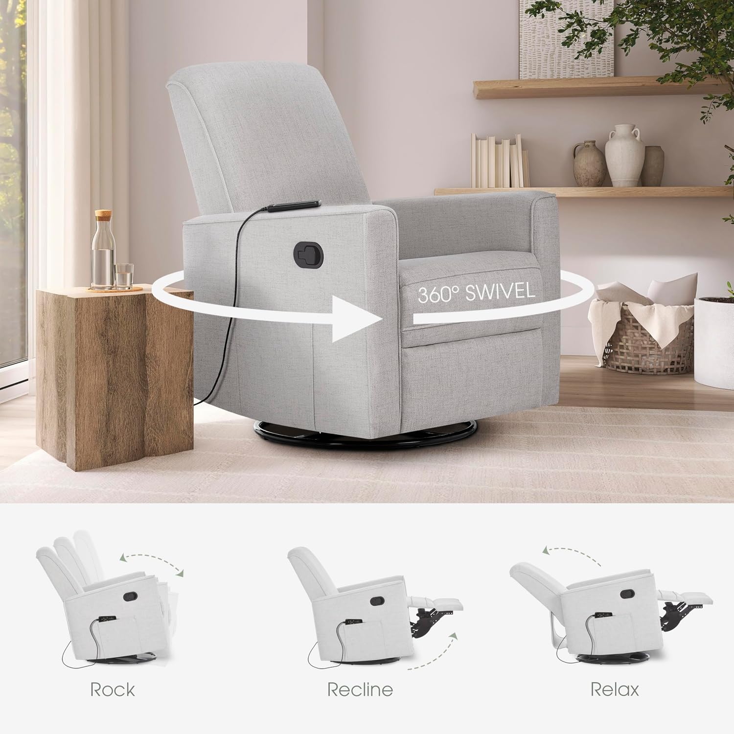 Evolur Raleigh Glider with Massager in Charcoal, Upholstered Plush Seating 360° Swivel Glider Rocking Chair, FSC Certified, Greenguard Gold & JPMA Certified Nursery Glider Recliner