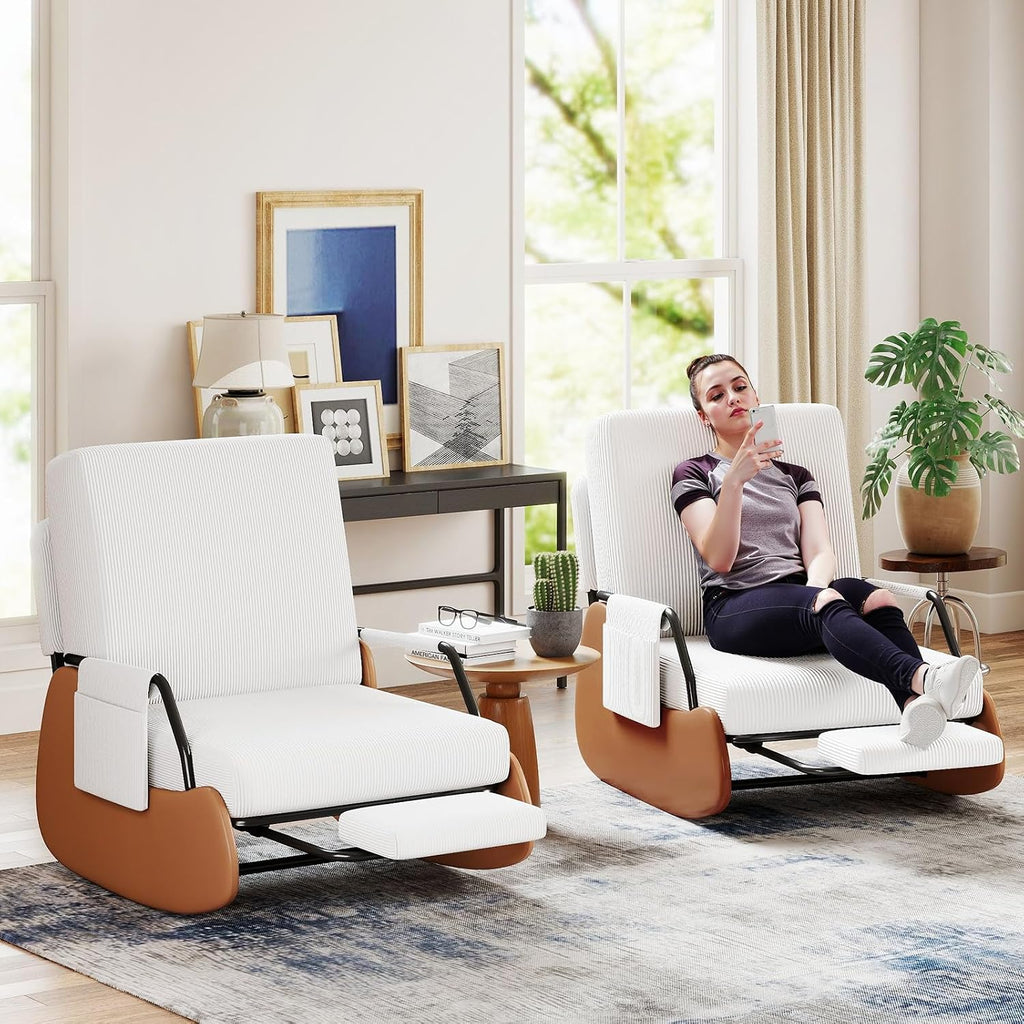 Furniliving Modern Glider Rocking Chair, Upholstered Nursery Glider Chair with Adjustable Recline & Retractable Footrest, Comfortable Lounge Chair for Mom Nursery Living Room Bedroom White