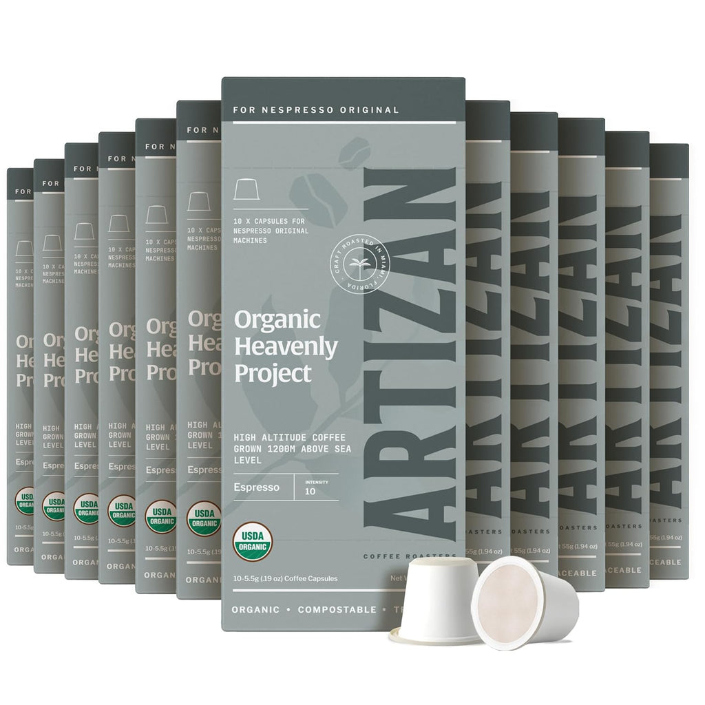 Artizan Coffee USDA Organic Espresso Coffee Capsules For Nespresso Original | Heavenly Project | 120 Compatible Compostable Pods