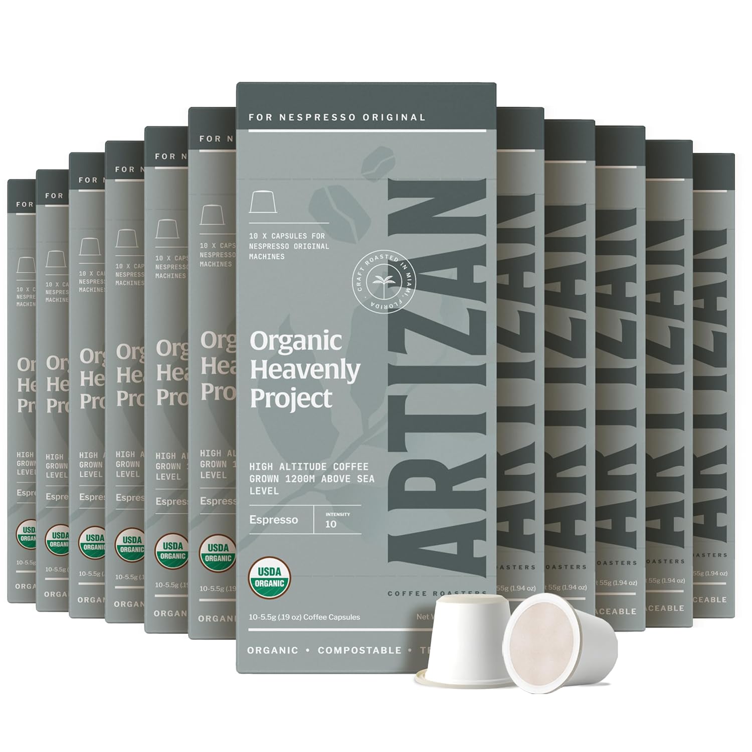 Artizan Coffee USDA Organic Espresso Coffee Capsules For Nespresso Original | Heavenly Project | 120 Compatible Compostable Pods