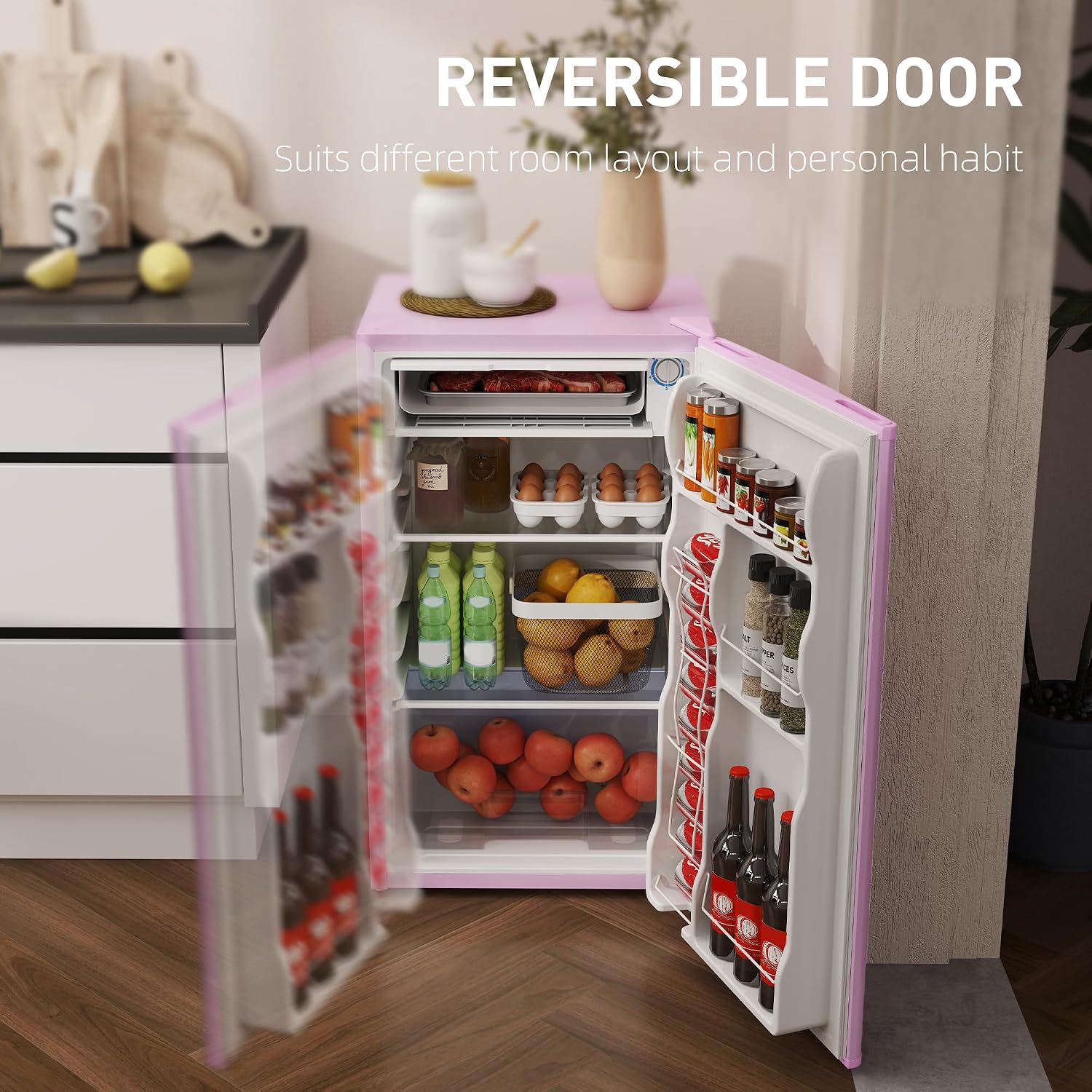HOMCOM 3.2 Cu.Ft Mini Fridge with Freezer, Compact Refrigerator with Adjustable Thermostat, Shelf and Single Reversible Door for Bedroom, Dorm, Home Office, Energy Efficient, Pink