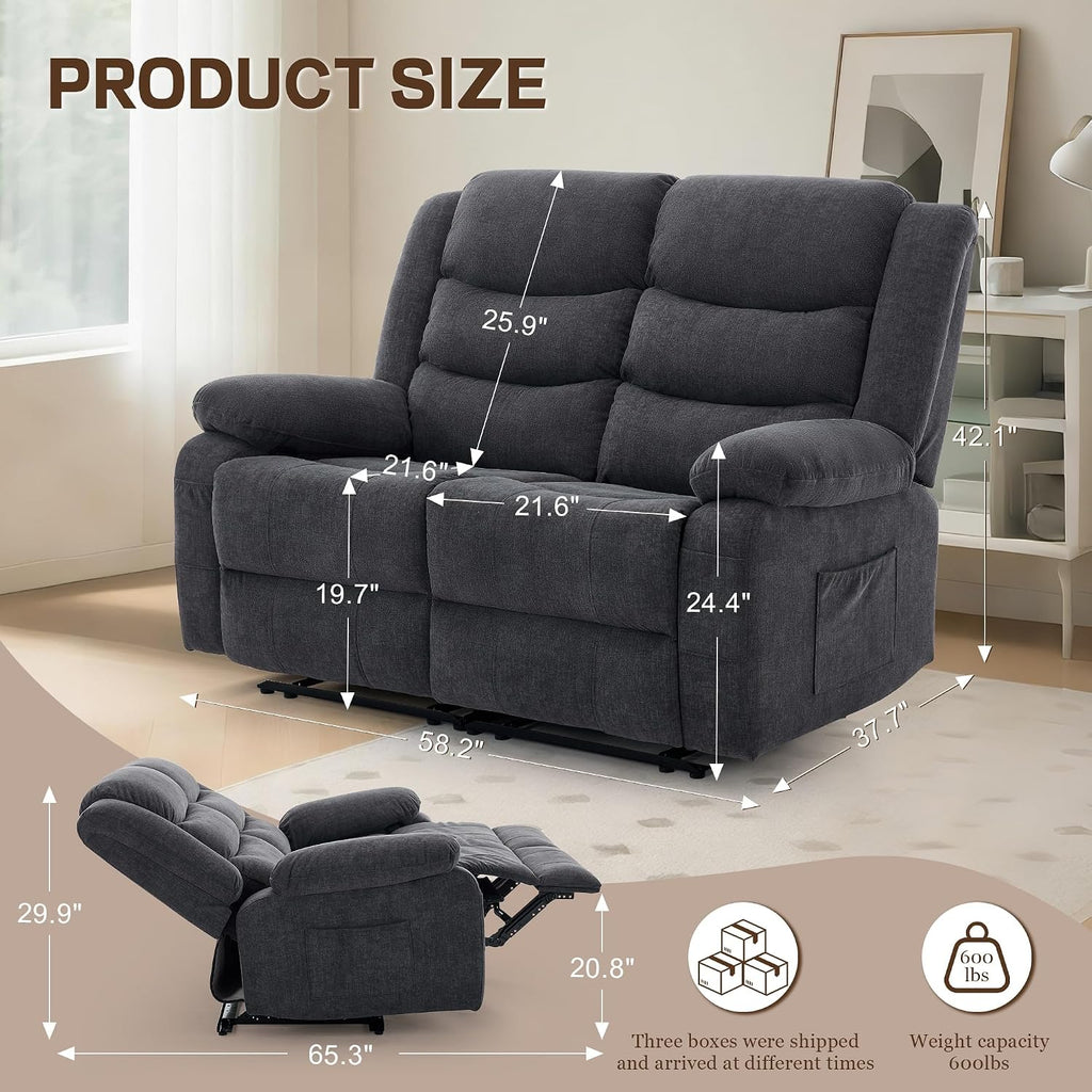 Korser Loveseat Recliner Sofa for RV Furniture and Theater Seating, Wall Hugger Loveseat Recliner, Oversized Loveseats Couch with Front Porckets&Side Pockets, Fabric, Grey