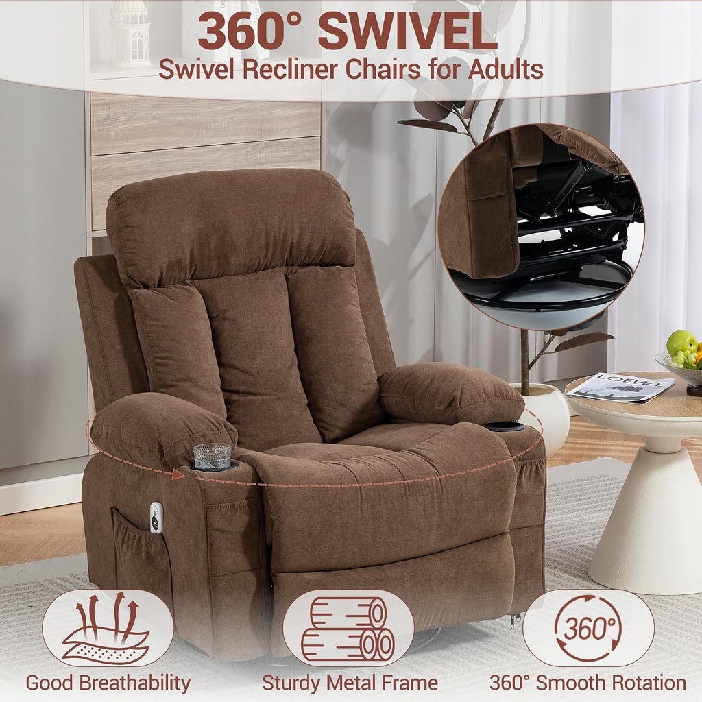 Swivel Recliner Chair for Adults w/Vibration Massage and Heating, 360° Rocker Glider Recliner w/Cup Holder and USB Charge Port for Living Room, Bedroom, Brown