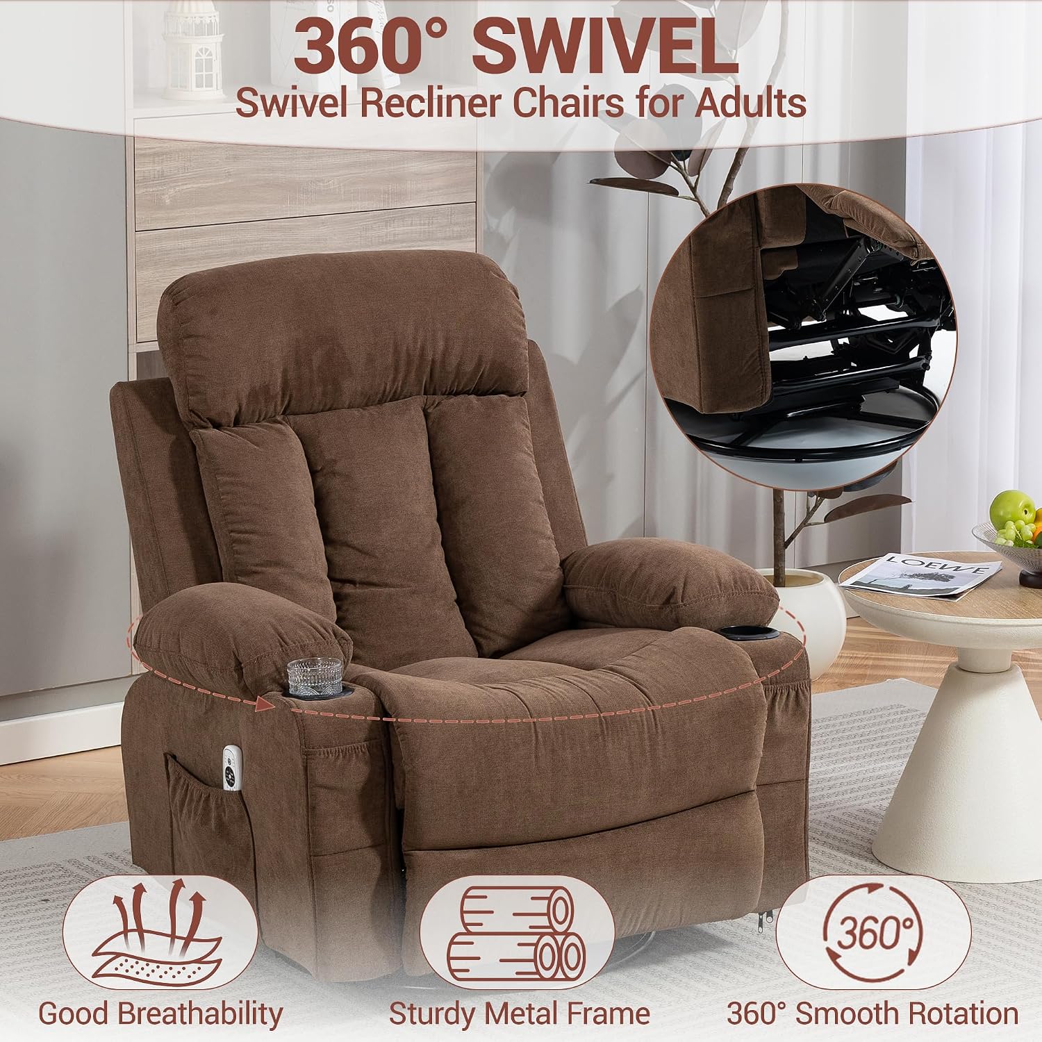 Swivel Recliner Chair for Adults w/Vibration Massage and Heating, 360° Rocker Glider Recliner w/Cup Holder and USB Charge Port for Living Room, Bedroom, Brown