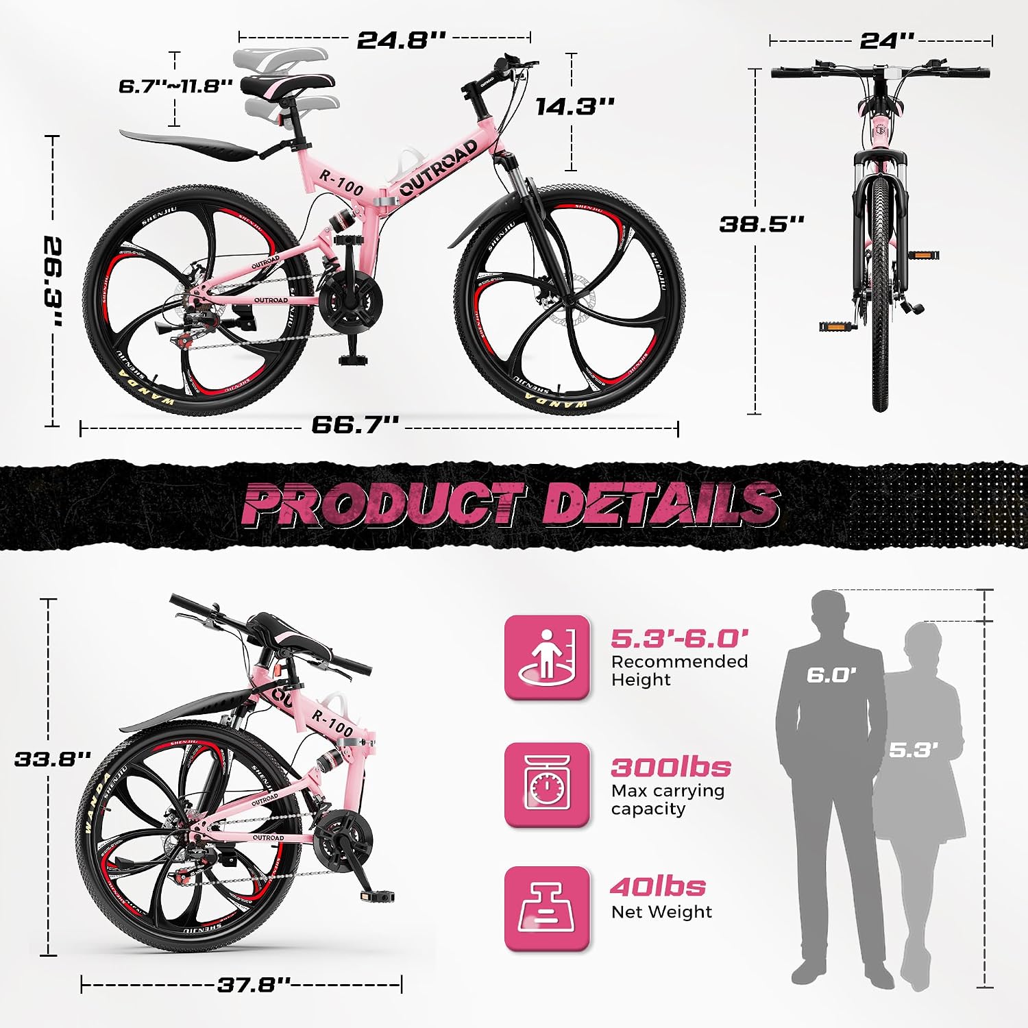 26 Inch Adult Folding Bikes/Mountain Bikes, 21 Speeds Mountain Bicycles with Full Suspension, Dual Disc Brake, High Carbon Steel Frame, Foldable Bike for Men/Women/Teen, Multiple Colors