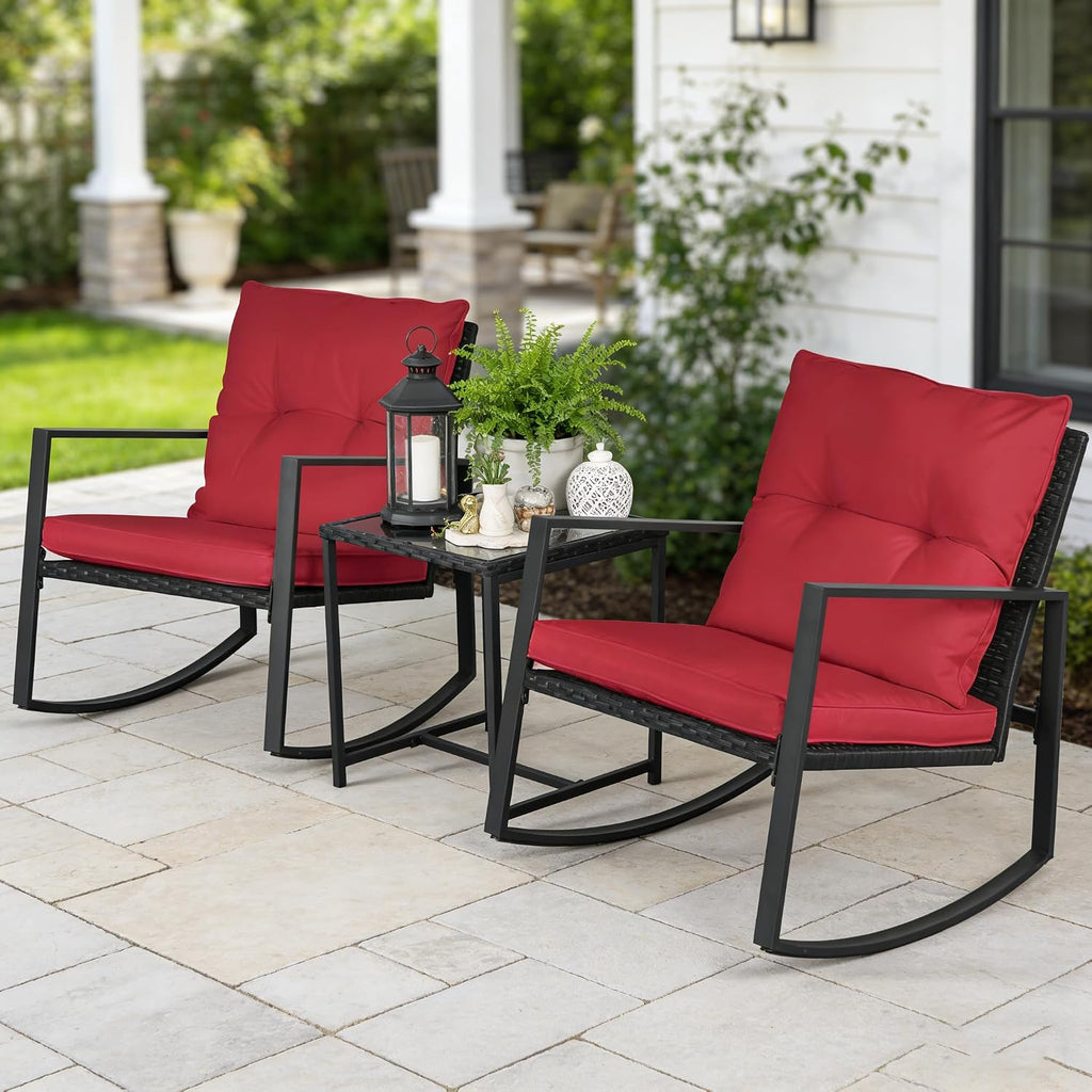 SUNCROWN 3 Piece Outdoor Rocking Bistro Set Black Wicker Furniture Porch Chairs Conversation Sets with Glass Coffee Table, Red