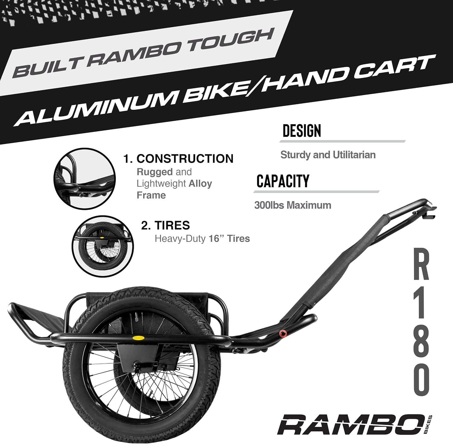 Rambo Bikes Aluminum Bike Trailer Cart - Heavy-Duty Game Cart and Utility Trailer - 300lbs Maximum Capacity - 6061 Aluminum Alloy Frame, 16' Fat Tires for Any Terrain - All-Purpose Foldable Trailer