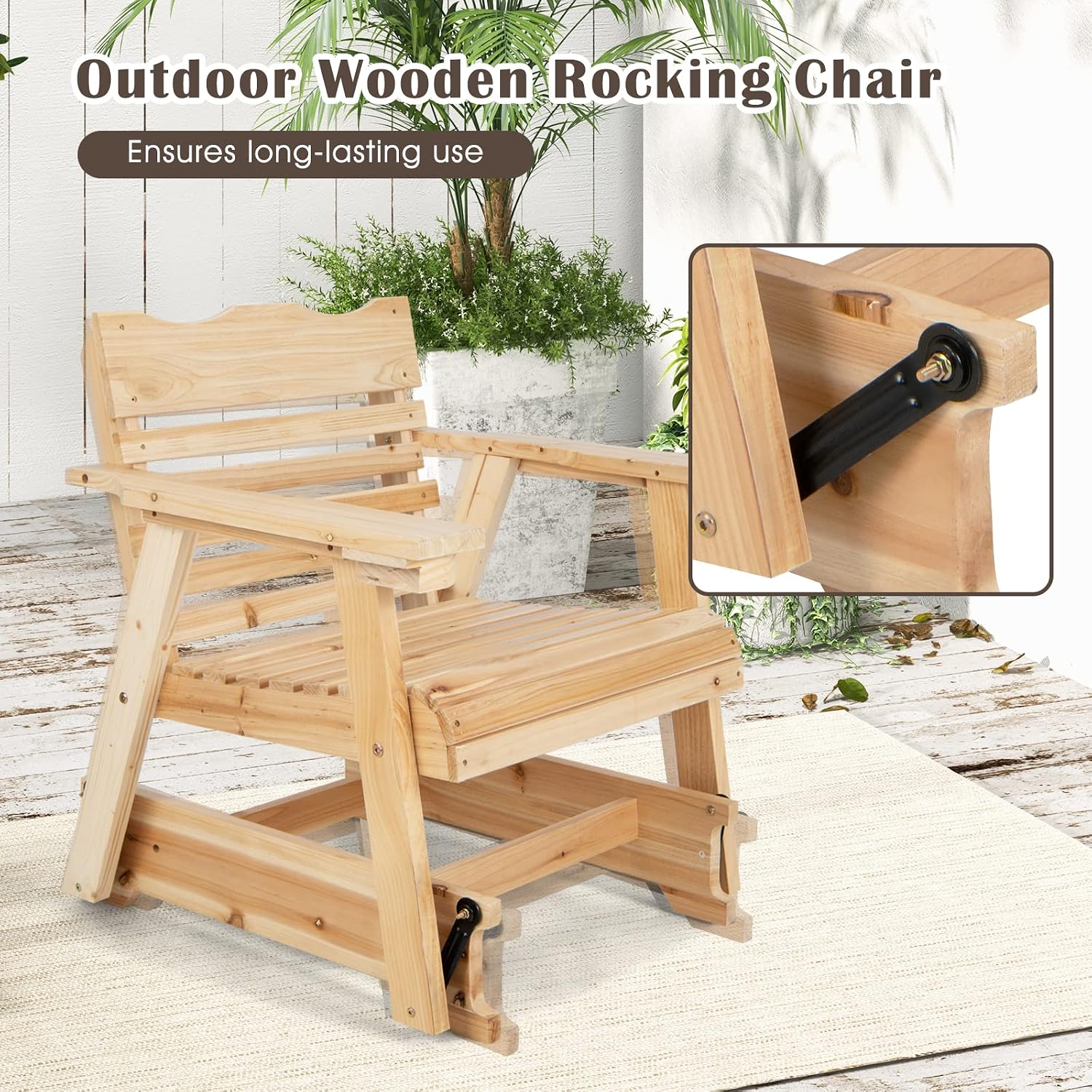 Giantex Outdoor Glider Rocking Chair - Set of 2 Wood Porch Rocker with High Back, Widened Armrests, Curved Seat, Rotatable Cup Holder, Patio Slat Rocking Chair for Yard, Balcony, Poolside, Natural