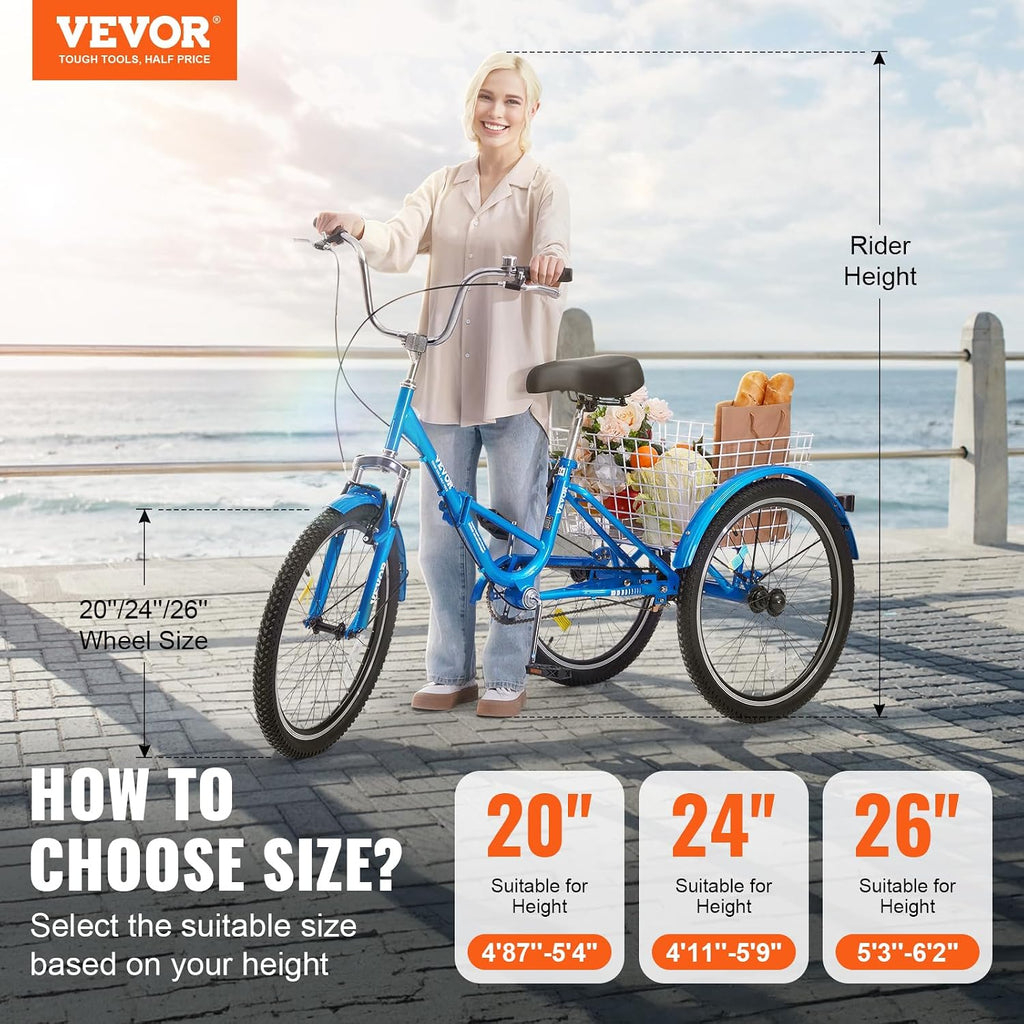 VEVOR Folding Adult Tricycle,Adult Folding Trikes, 3 Wheel Cruiser Bike with Large Basket & Adjustable Seat, Shopping Picnic Foldable Tricycles for Women, Men, Seniors