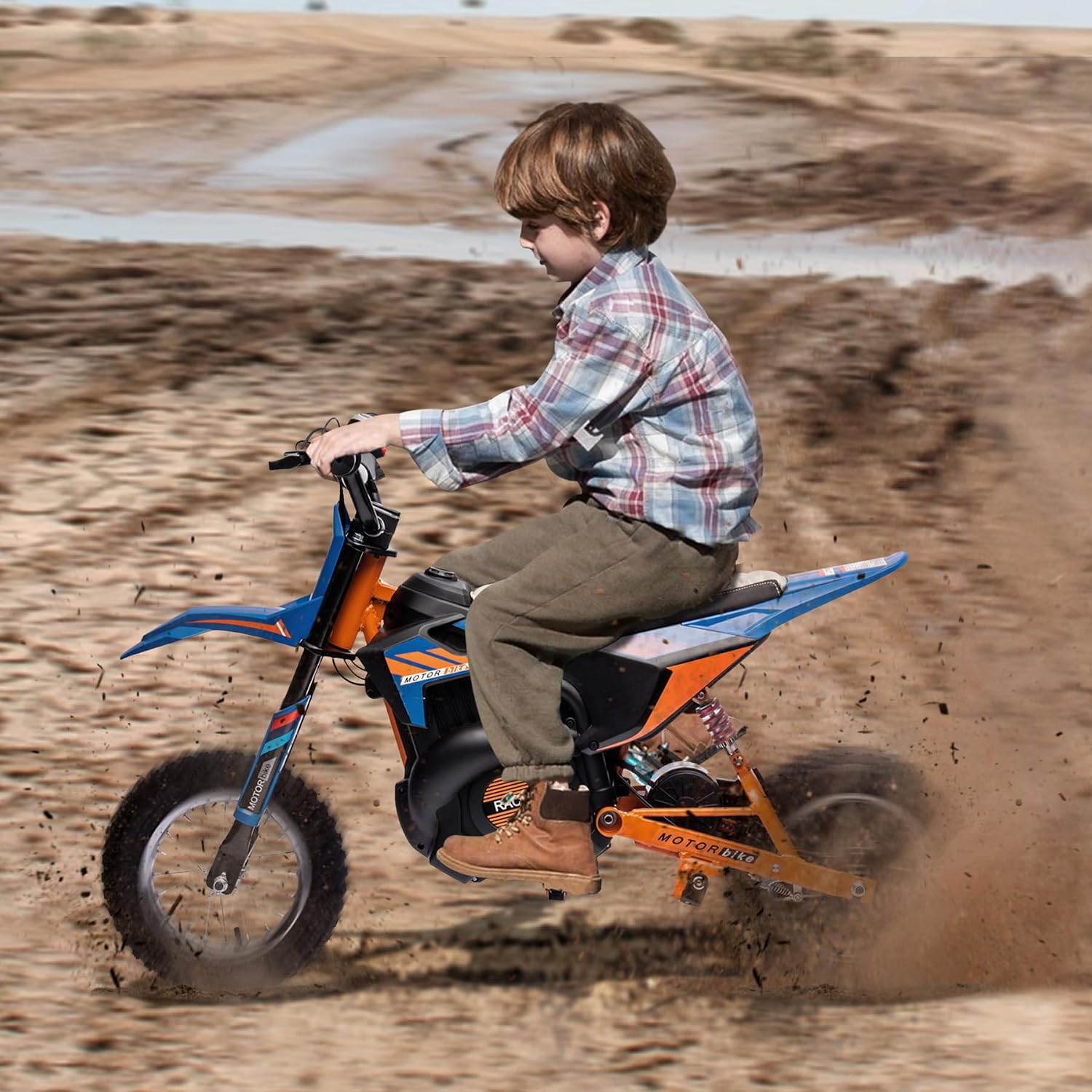 24V Electric Dirt Bike for Kids, 250W Strong Motor 13.6MPH Fast Speed Electric Off-Road Motorcycle, Mini Dirt Bike with Rear Wheel Suspension, Chain-Driven, Leather Seat, Disc Brake, Blue