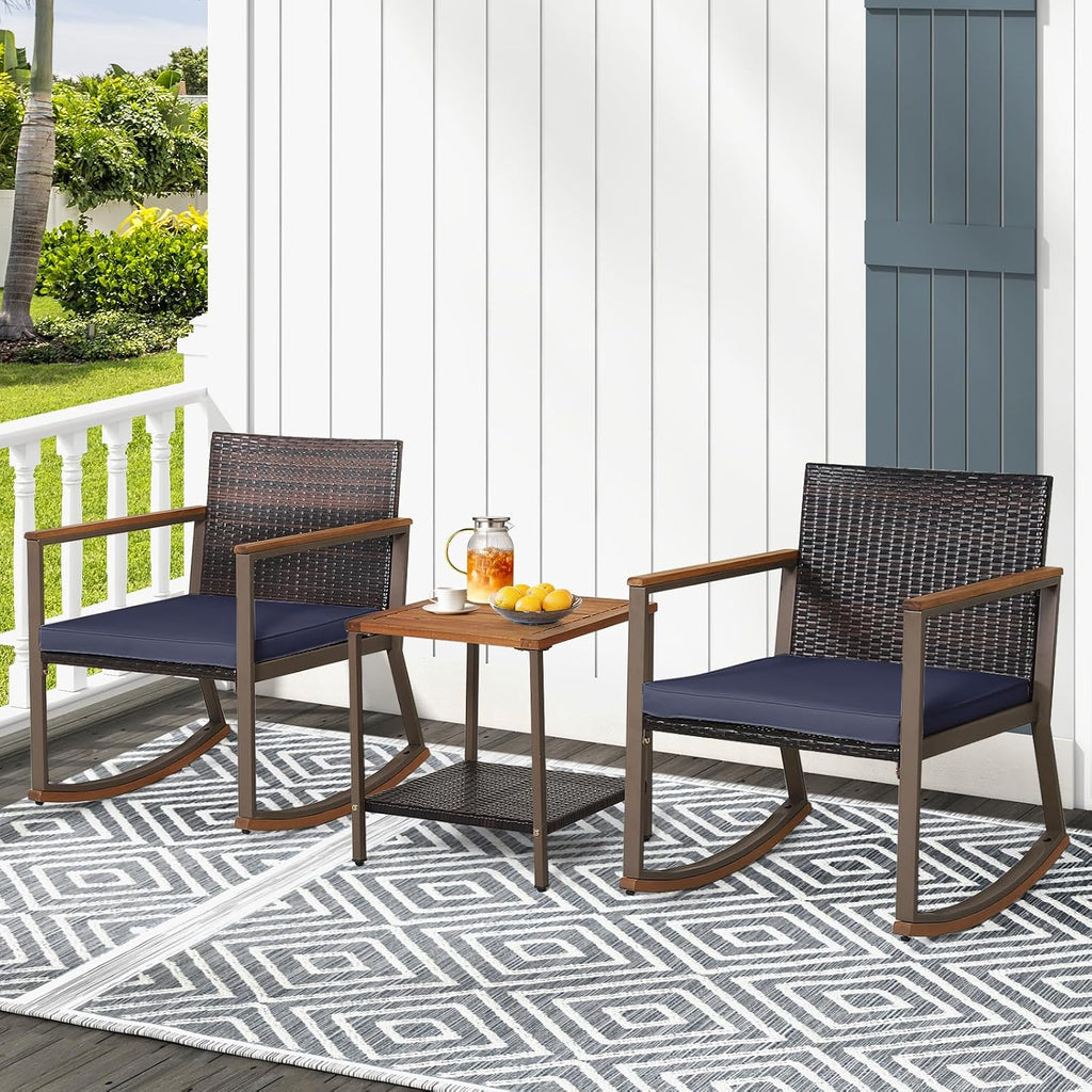 Tangkula 3 Pieces Rocking Bistro Set, Outdoor Rocker Chair with Coffee Table & Cushions, Patio Rattan Furniture Conversation Set for Balcony Porch Poolside (Navy)
