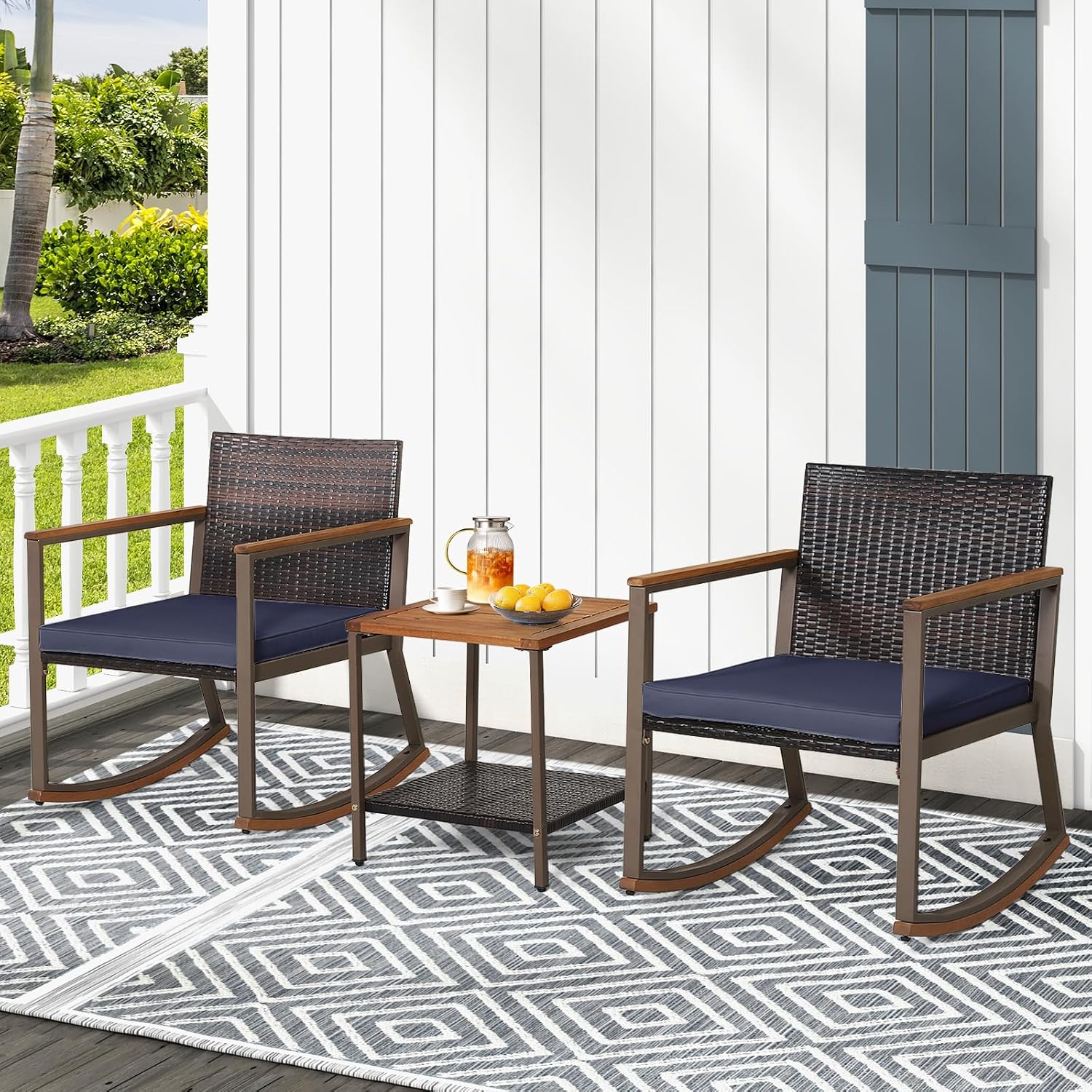 Tangkula 3 Pieces Rocking Bistro Set, Outdoor Rocker Chair with Coffee Table & Cushions, Patio Rattan Furniture Conversation Set for Balcony Porch Poolside (Navy)